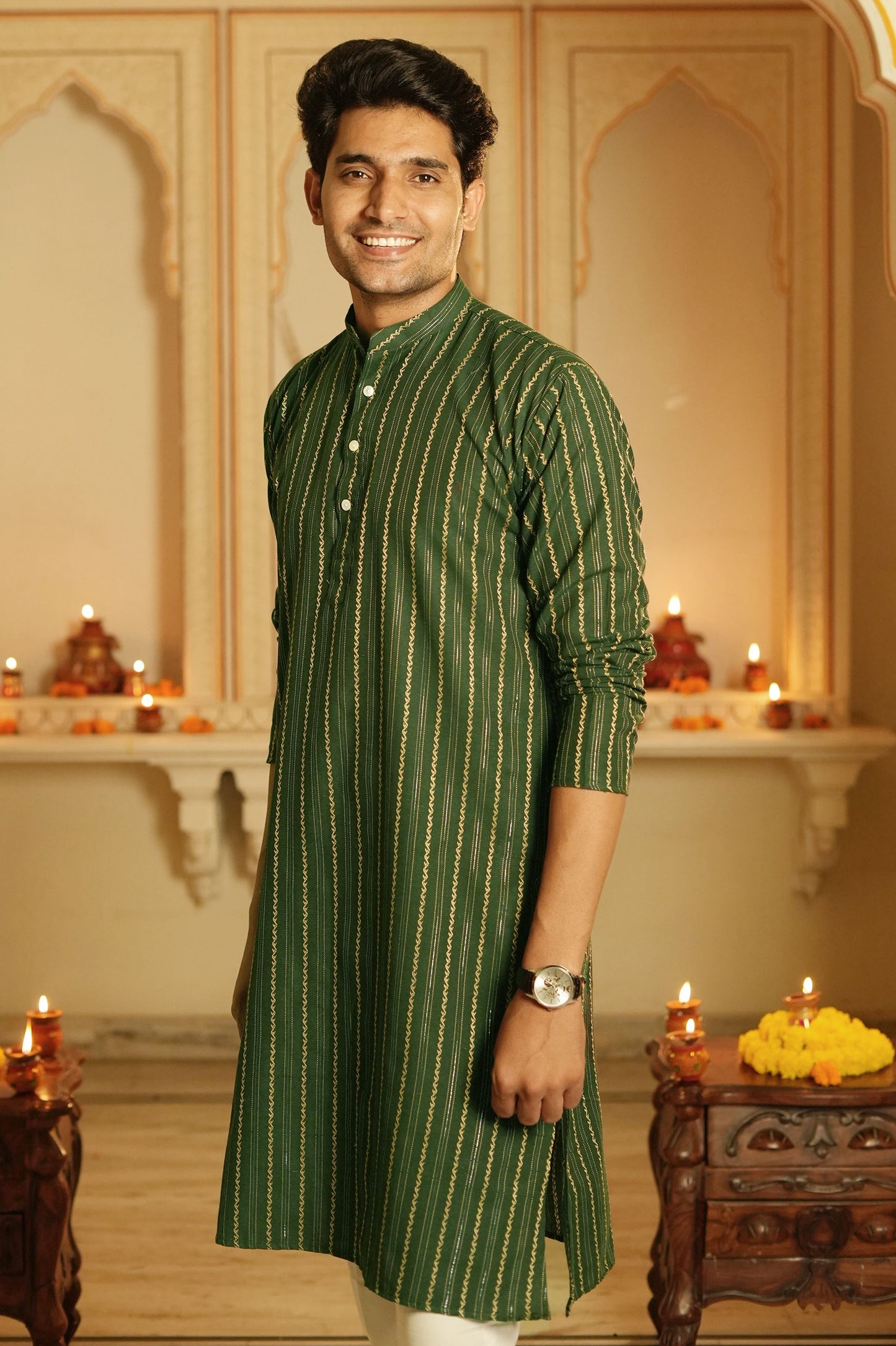 The Dark Green And Golden Self Work Long Kurta