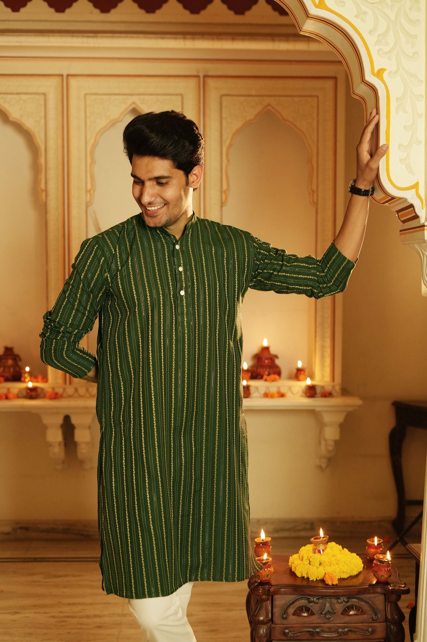 Indian men wearing green long kurta