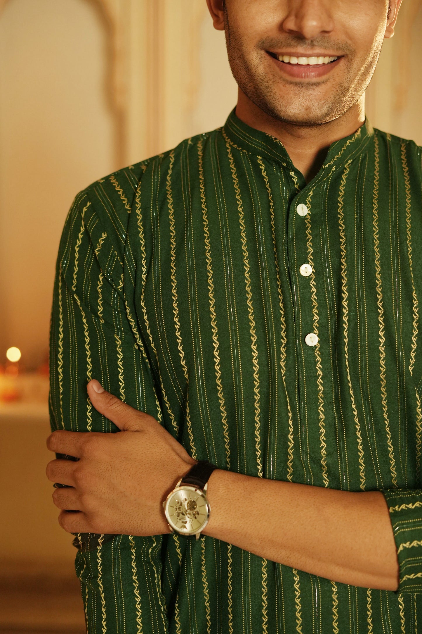Dark green long kurta for men