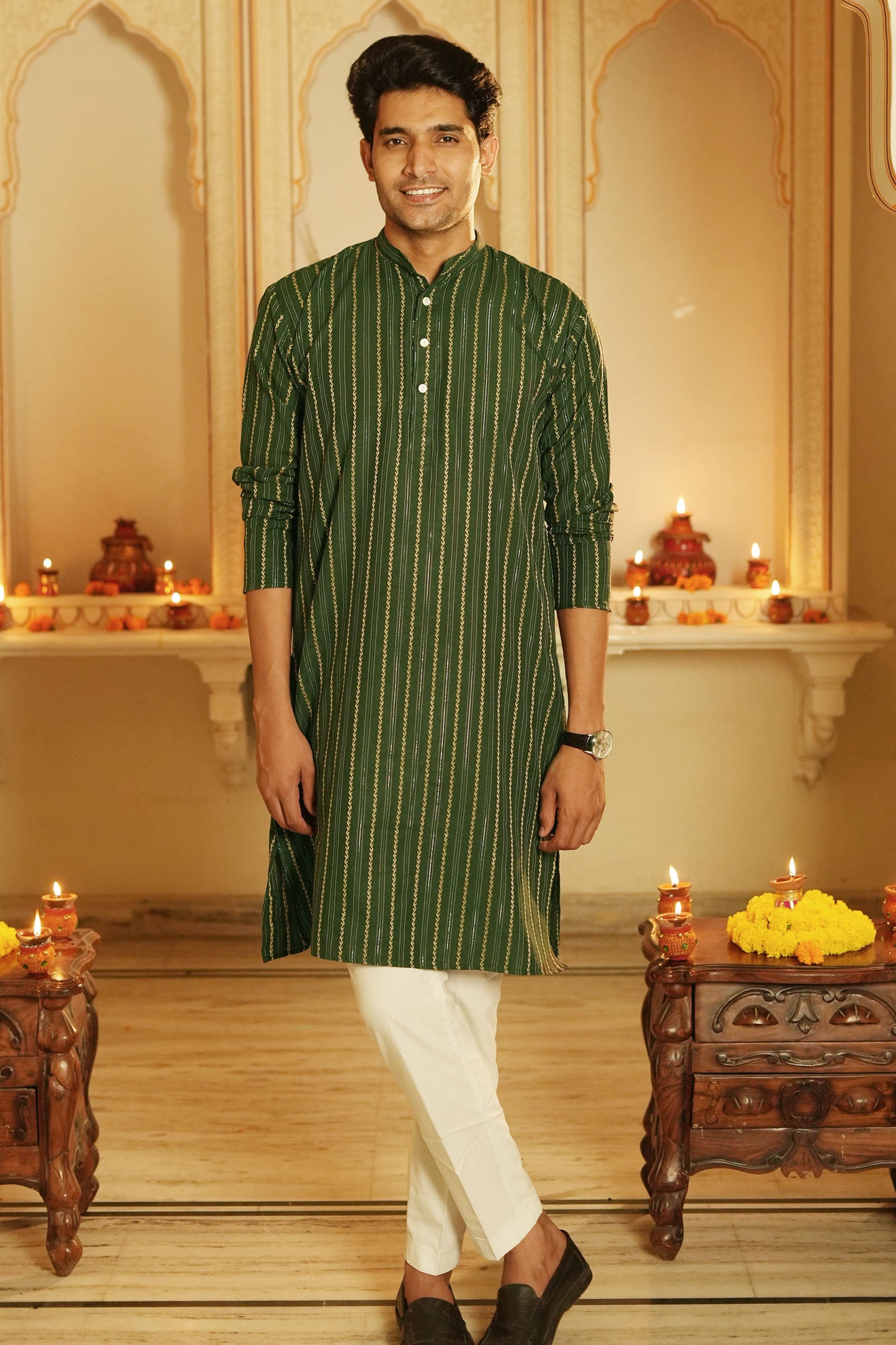 The Dark Green And Golden Self Work Long Kurta