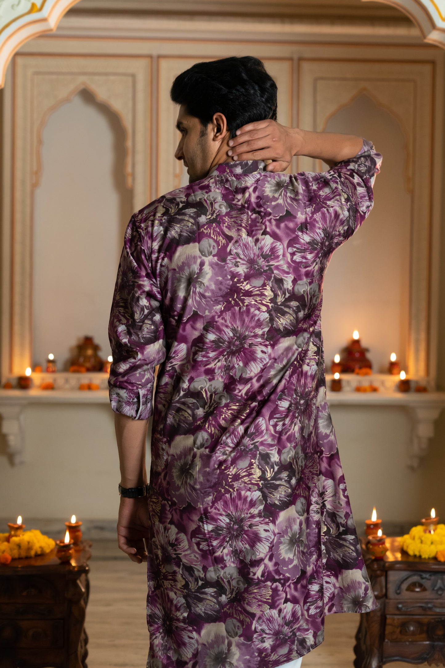 The Dark Purple Long Kurta With All-Over Floral Foil Print