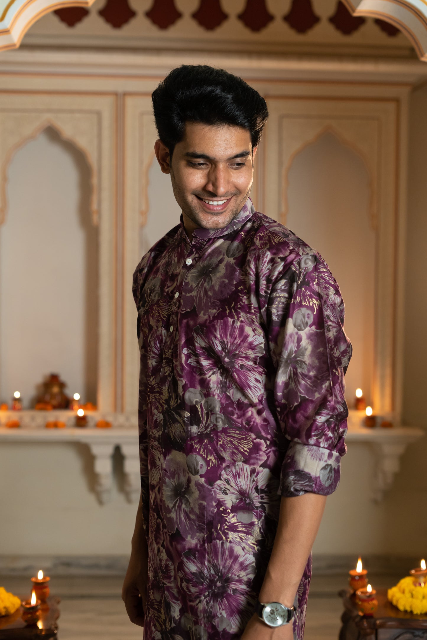 The Dark Purple Long Kurta With All-Over Floral Foil Print