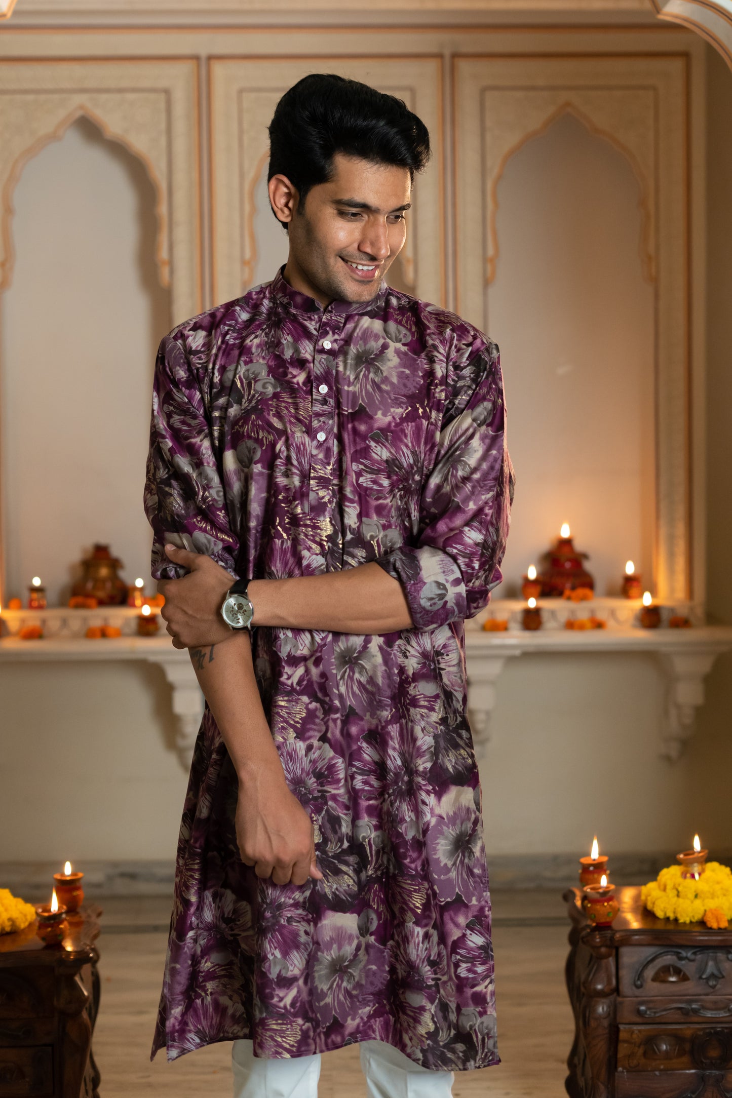 The Dark Purple Long Kurta With All-Over Floral Foil Print