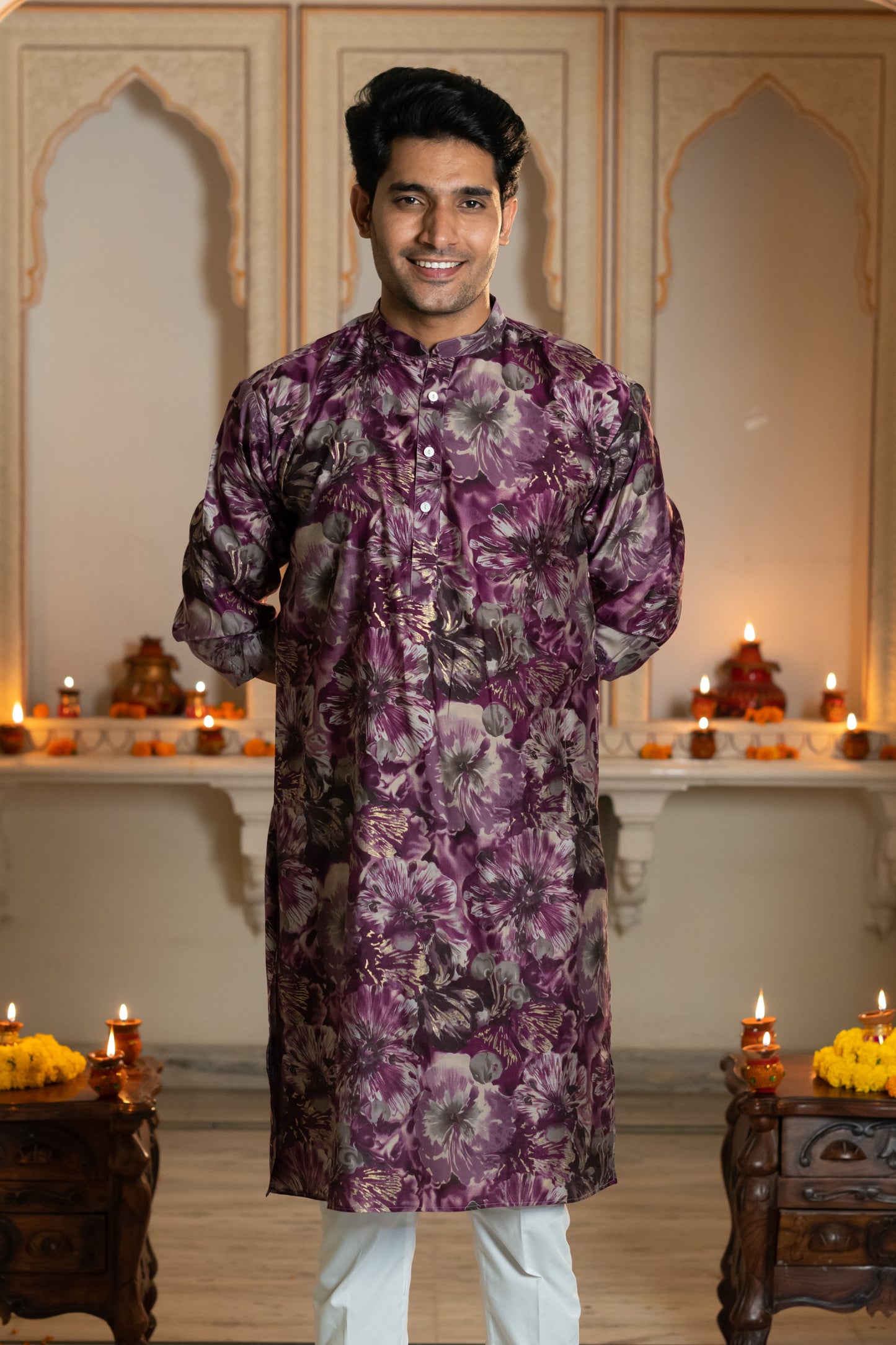 The Dark Purple Long Kurta With All-Over Floral Foil Print