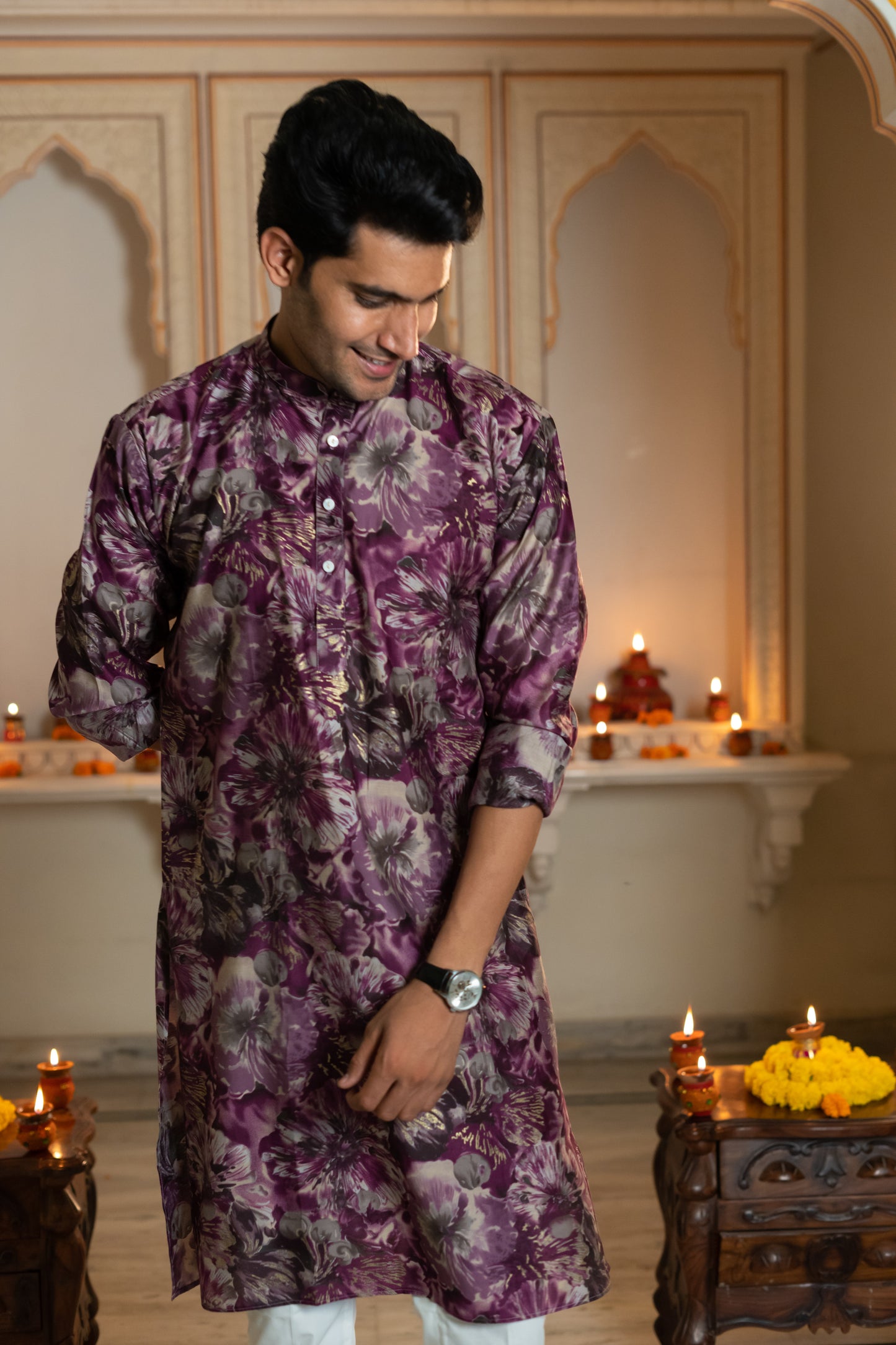 The Dark Purple Long Kurta With All-Over Floral Foil Print