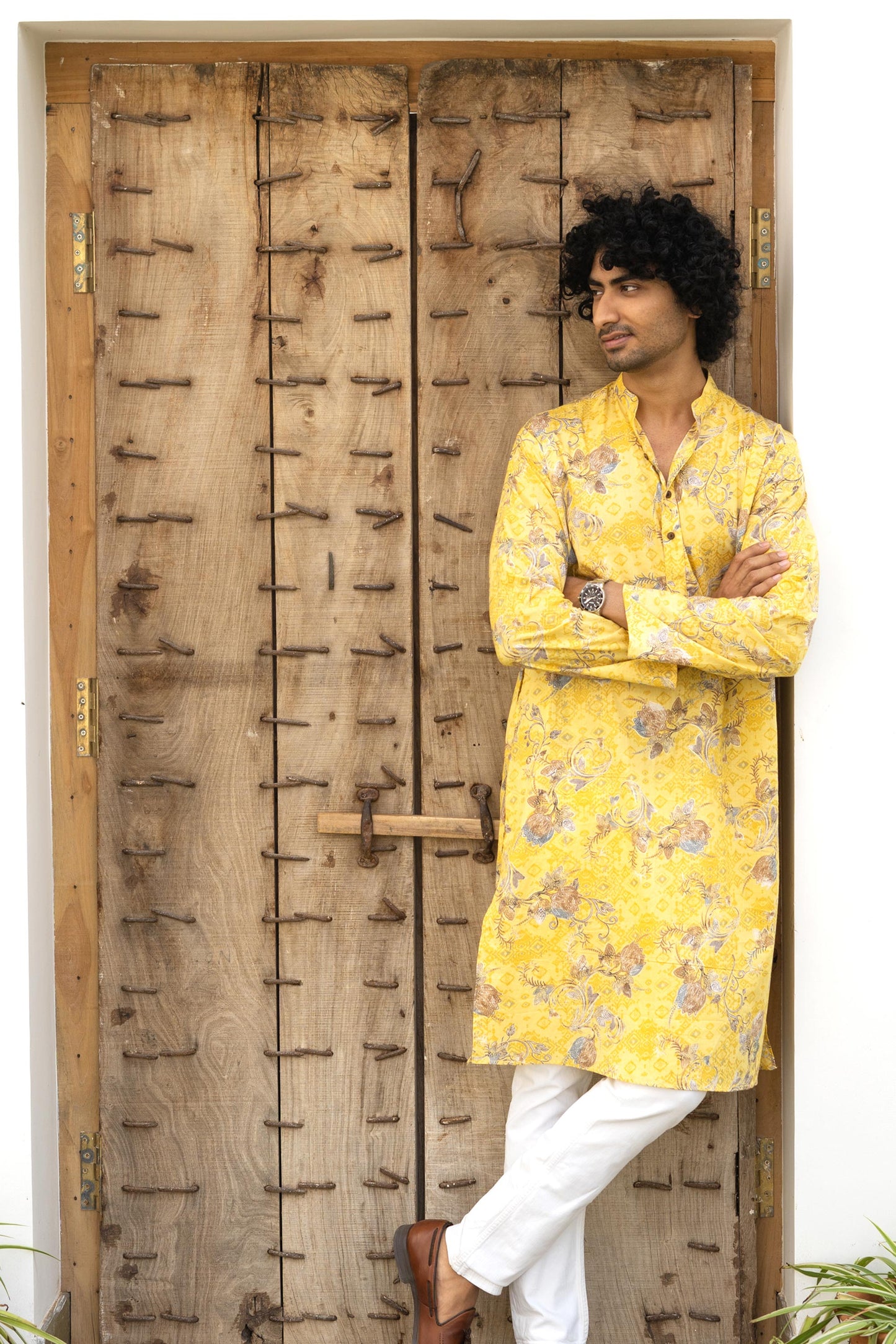 The Muslin Bright Yellow All-Over Floral Foil Print Long Kurta
