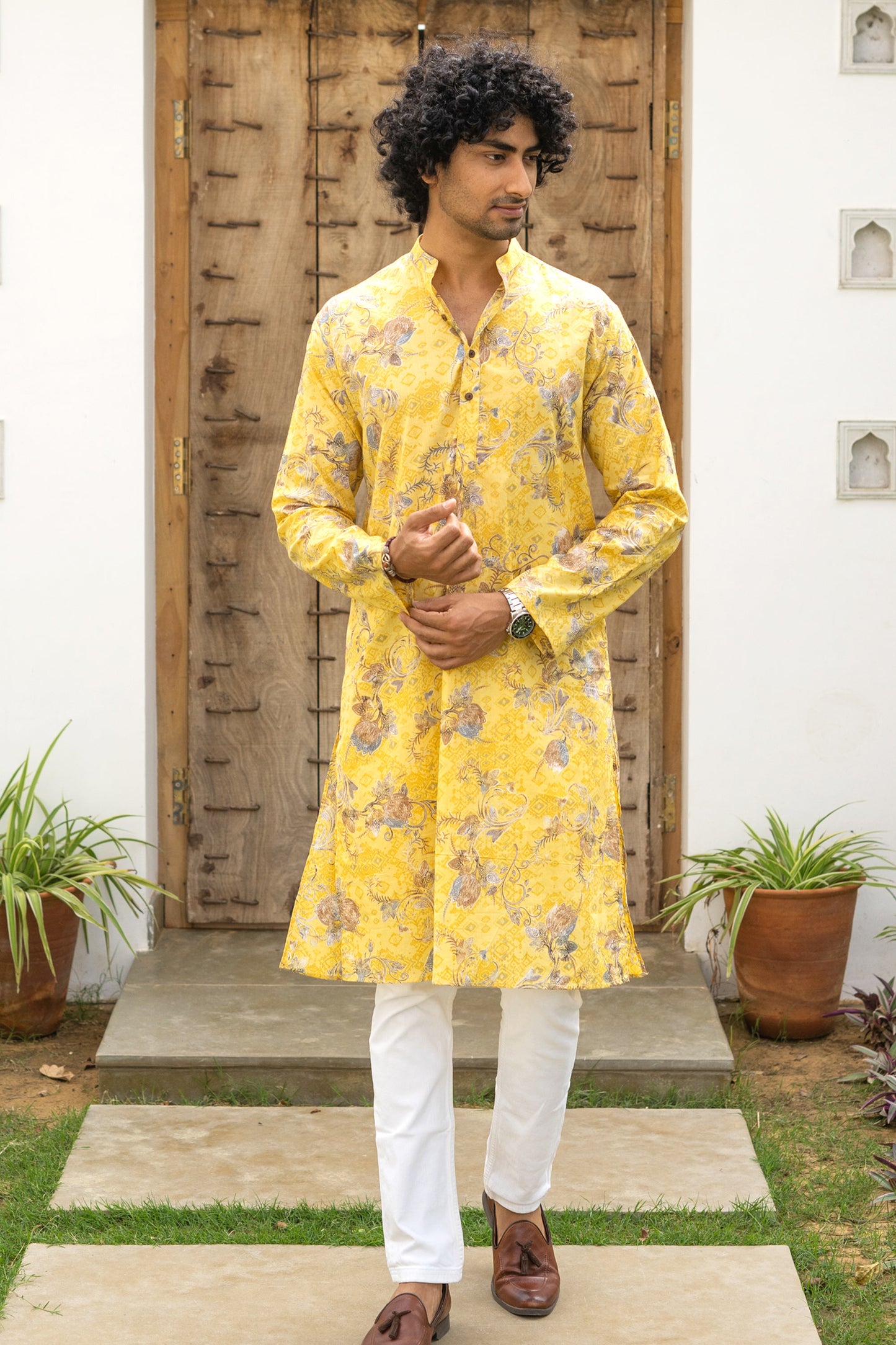 The Muslin Bright Yellow All-Over Floral Foil Print Long Kurta