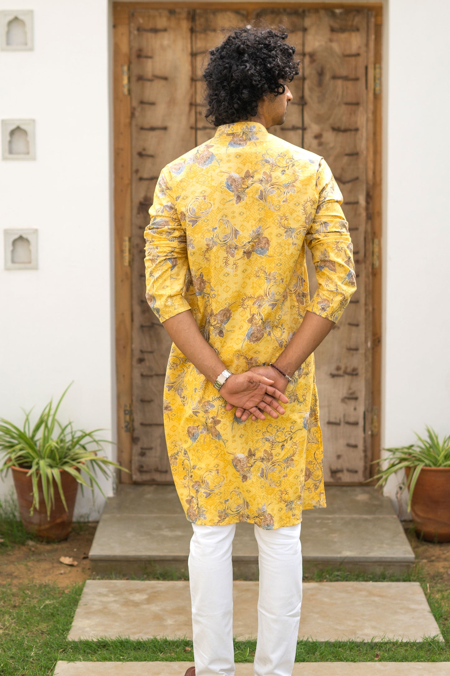 The Muslin Bright Yellow All-Over Floral Foil Print Long Kurta