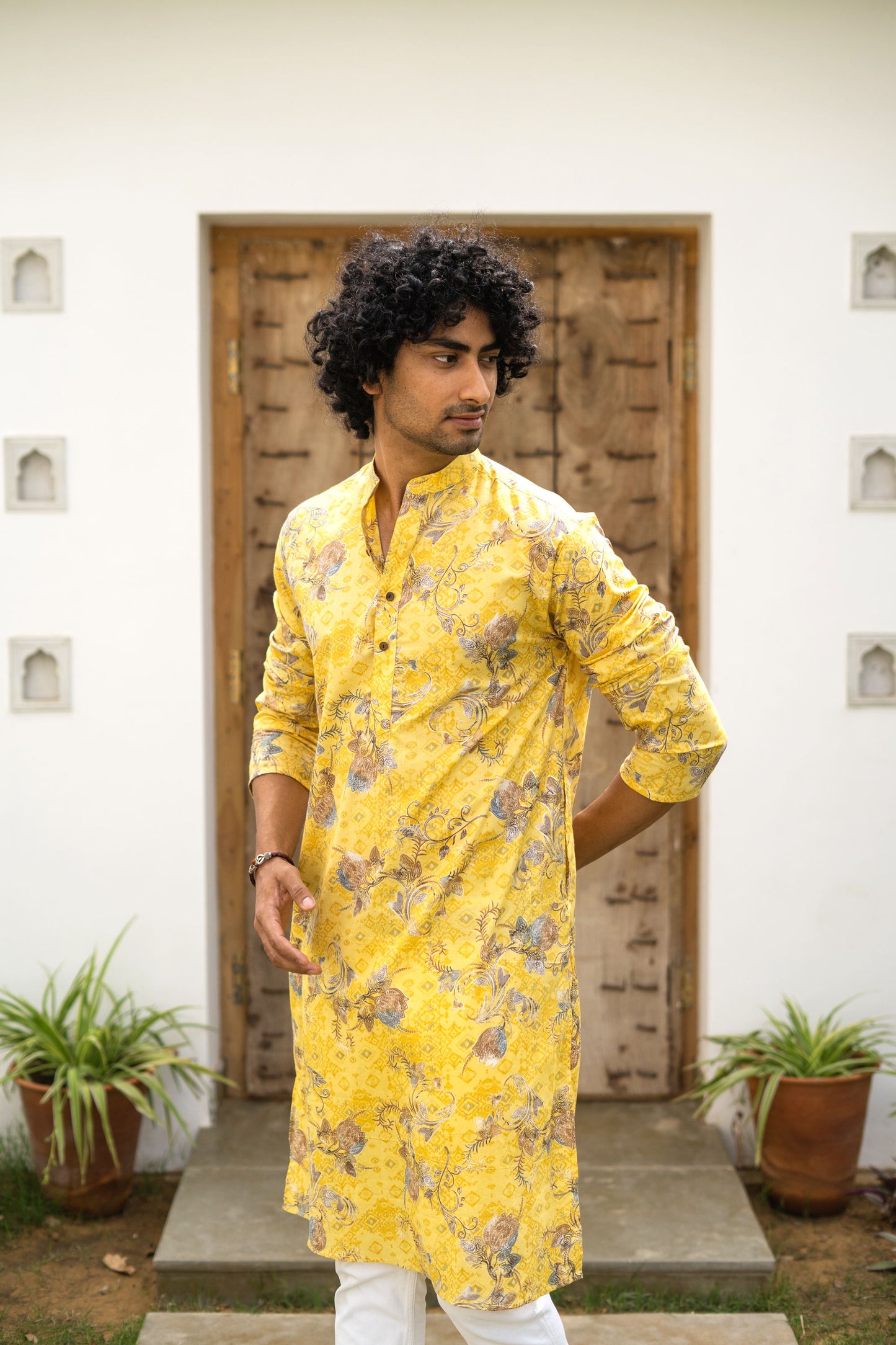 The Muslin Bright Yellow All-Over Floral Foil Print Long Kurta