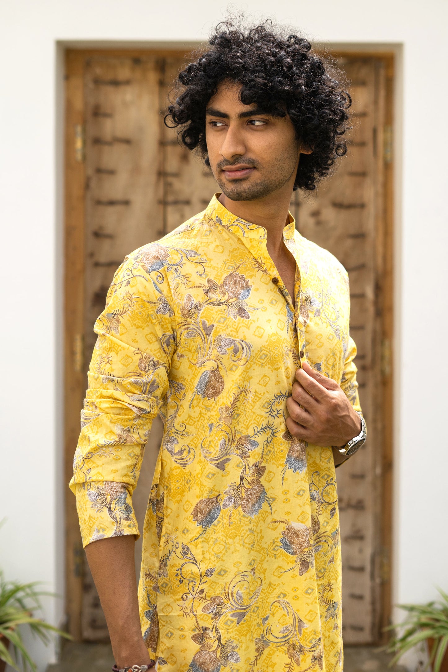 The Muslin Bright Yellow All-Over Floral Foil Print Long Kurta