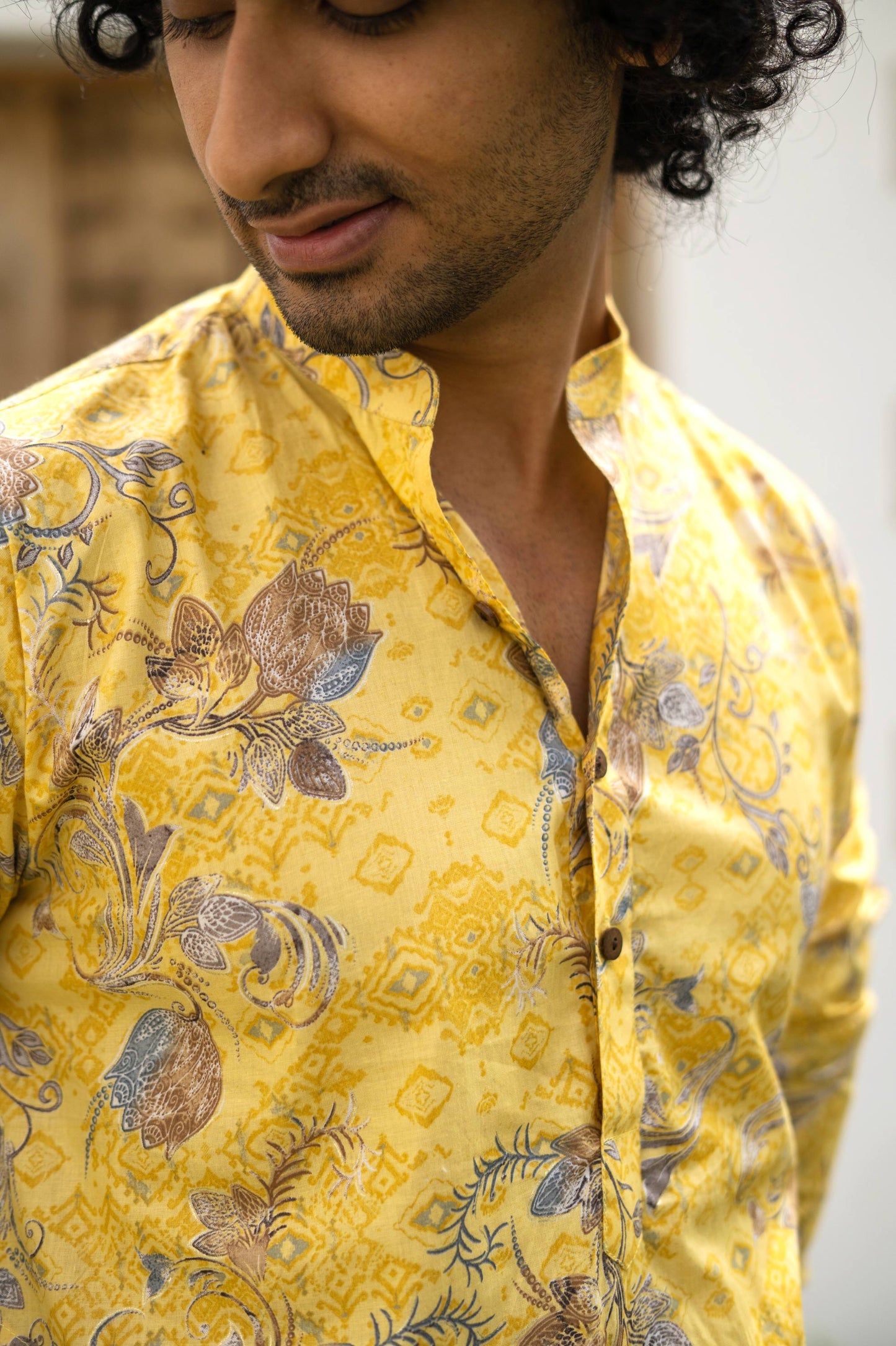 The Muslin Bright Yellow All-Over Floral Foil Print Long Kurta