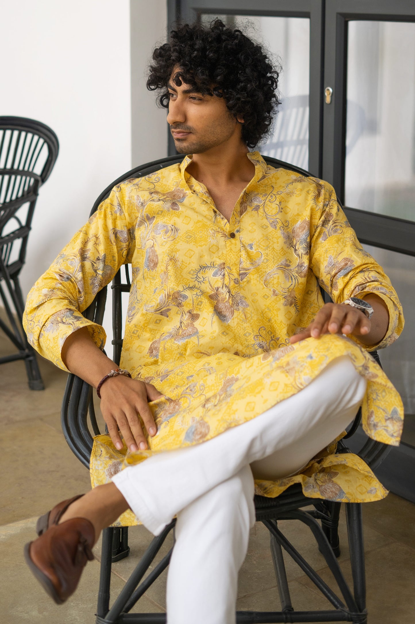 The Muslin Bright Yellow All-Over Floral Foil Print Long Kurta