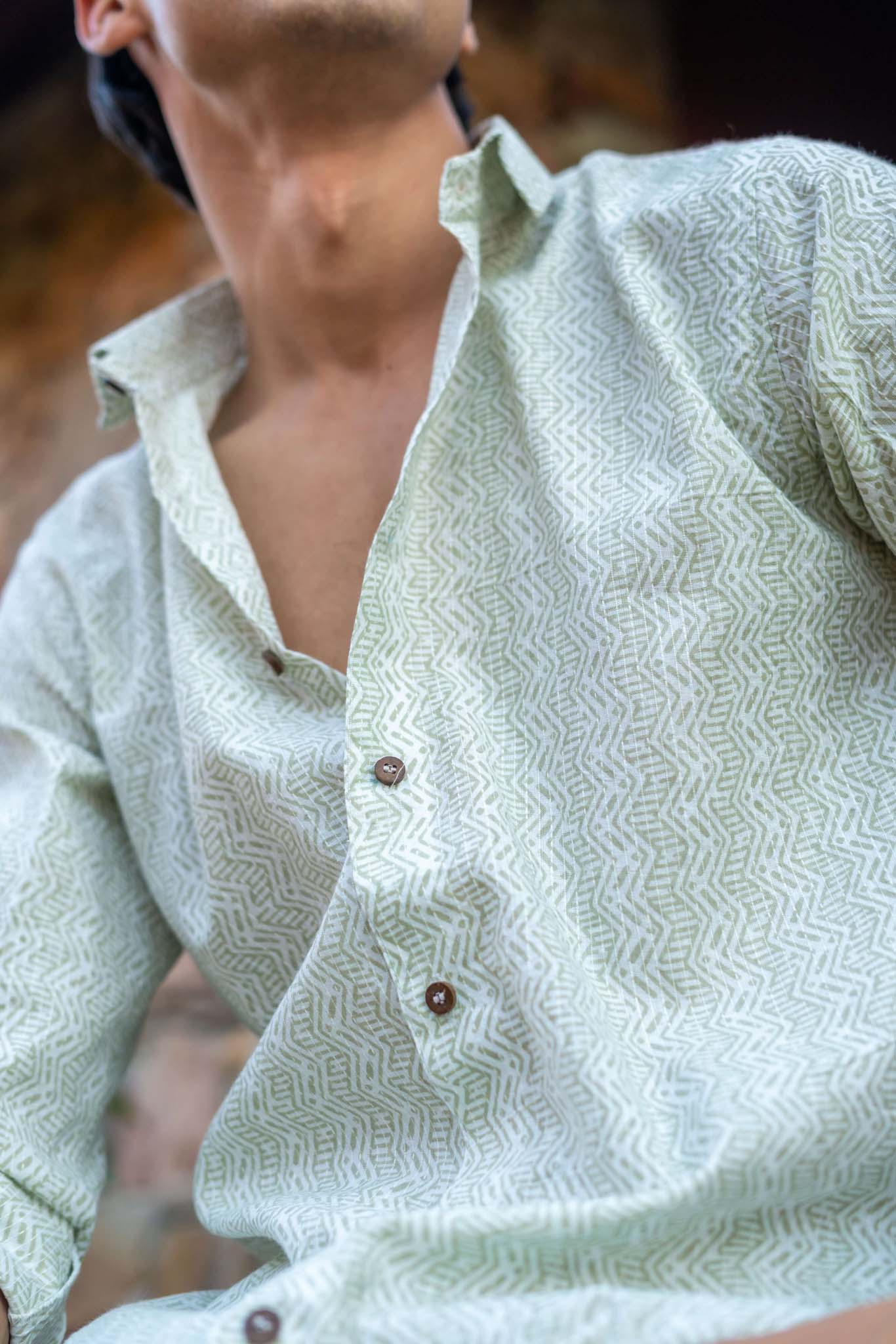 The White Kantha Work Shirt With Pastel Green Tribal Print