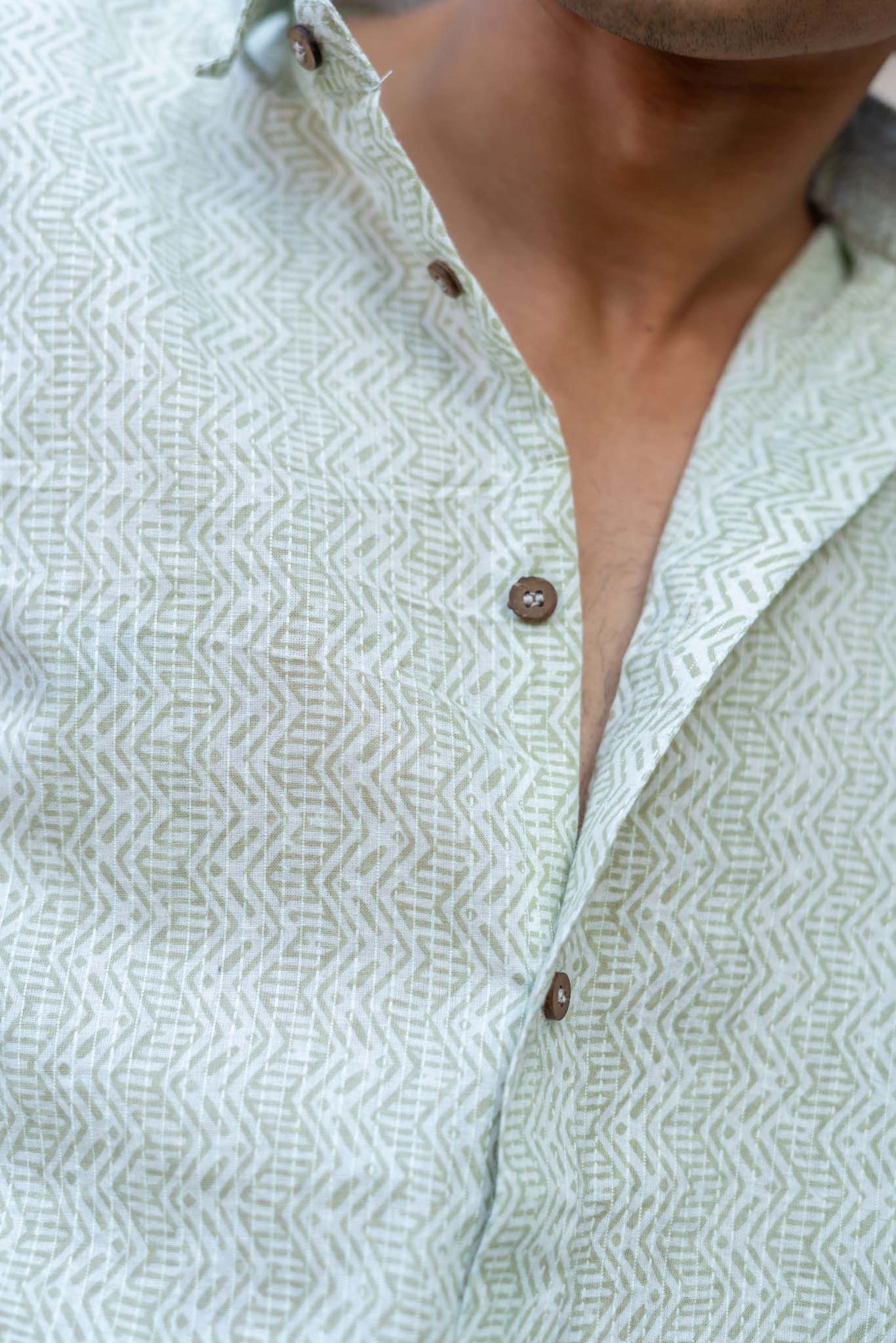 The White Kantha Work Shirt With Pastel Green Tribal Print
