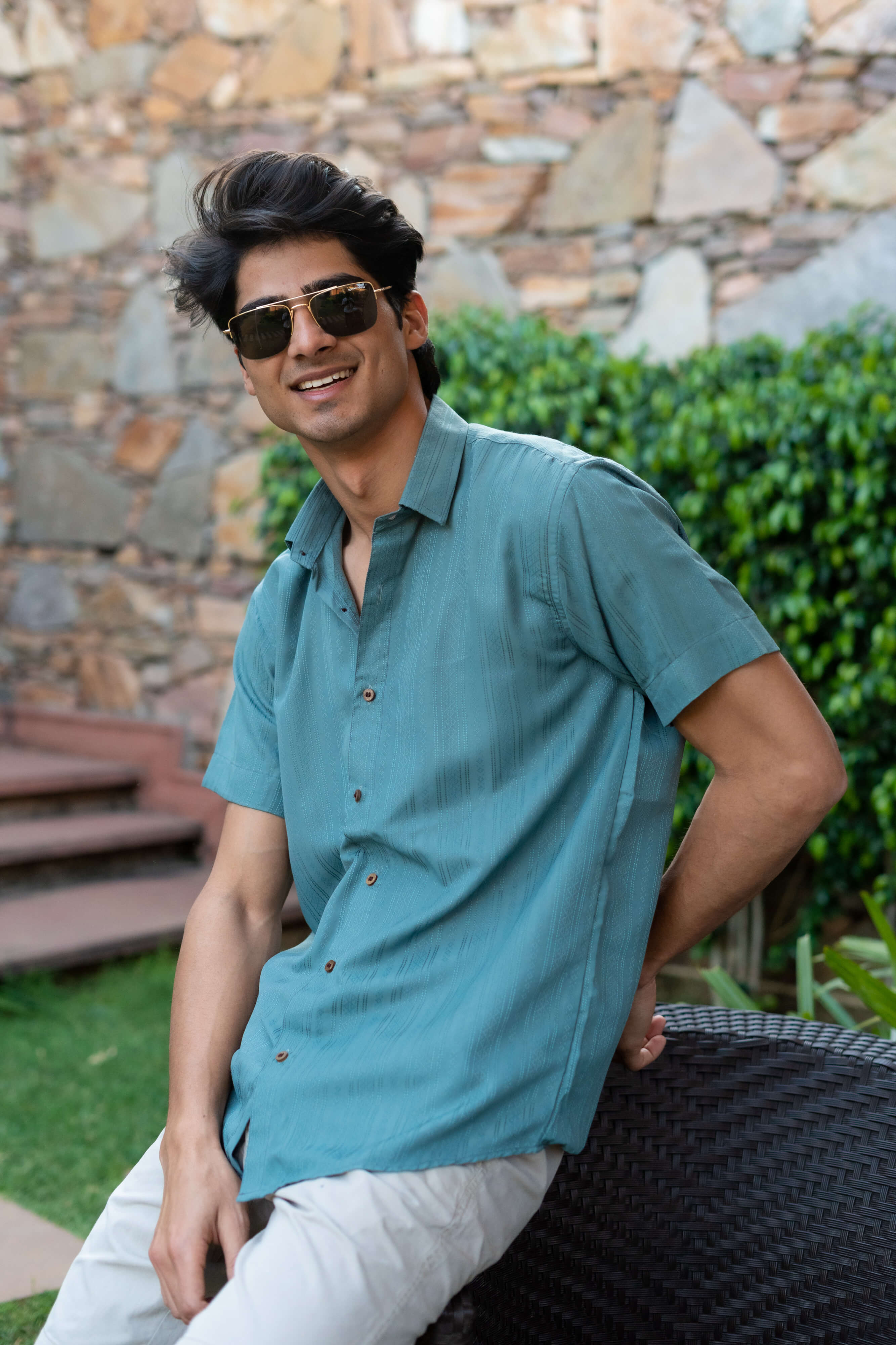 The Emerald Green Self Work Half Sleeves Shirt