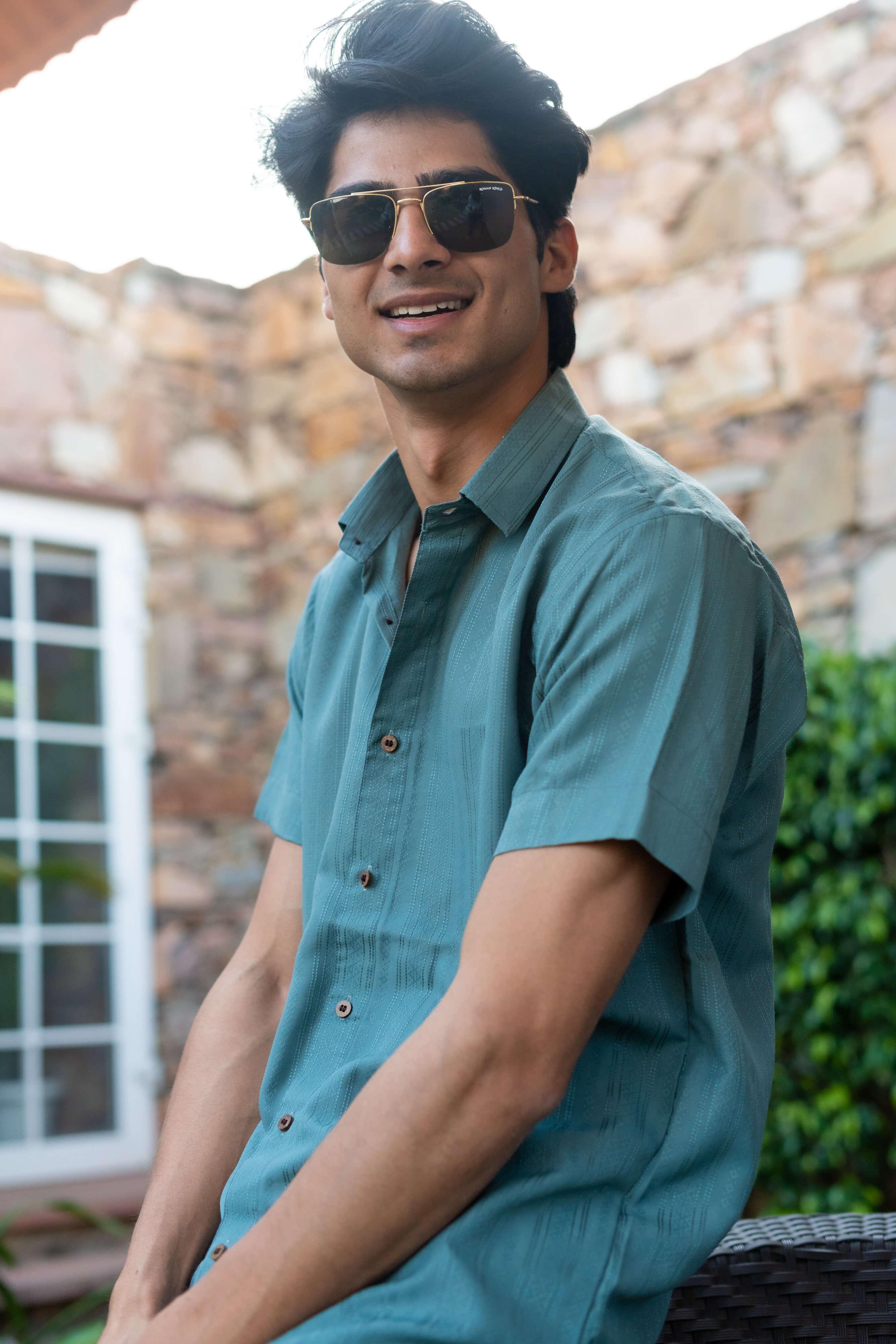 The Emerald Green Self Work Half Sleeves Shirt