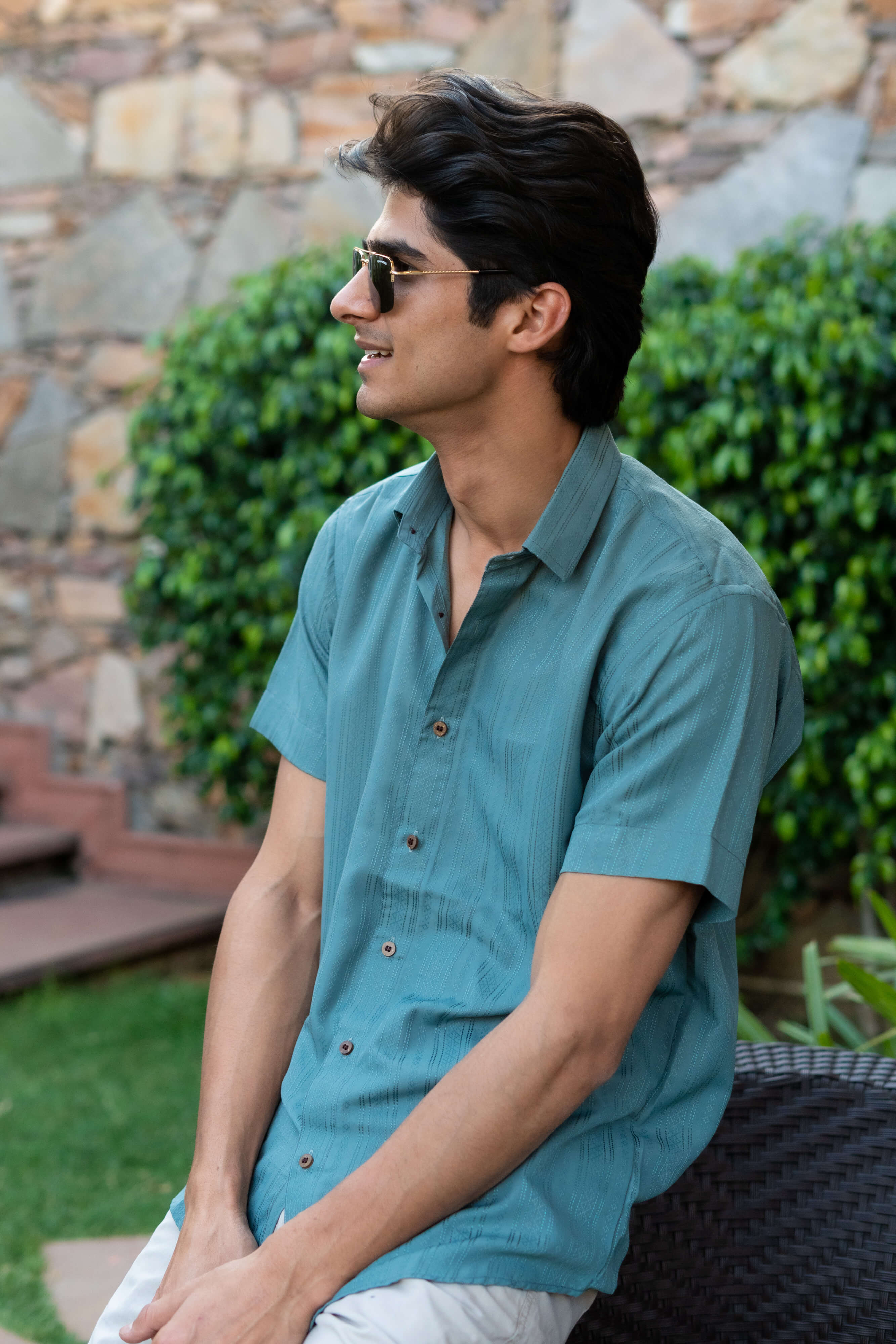 The Emerald Green Self Work Half Sleeves Shirt