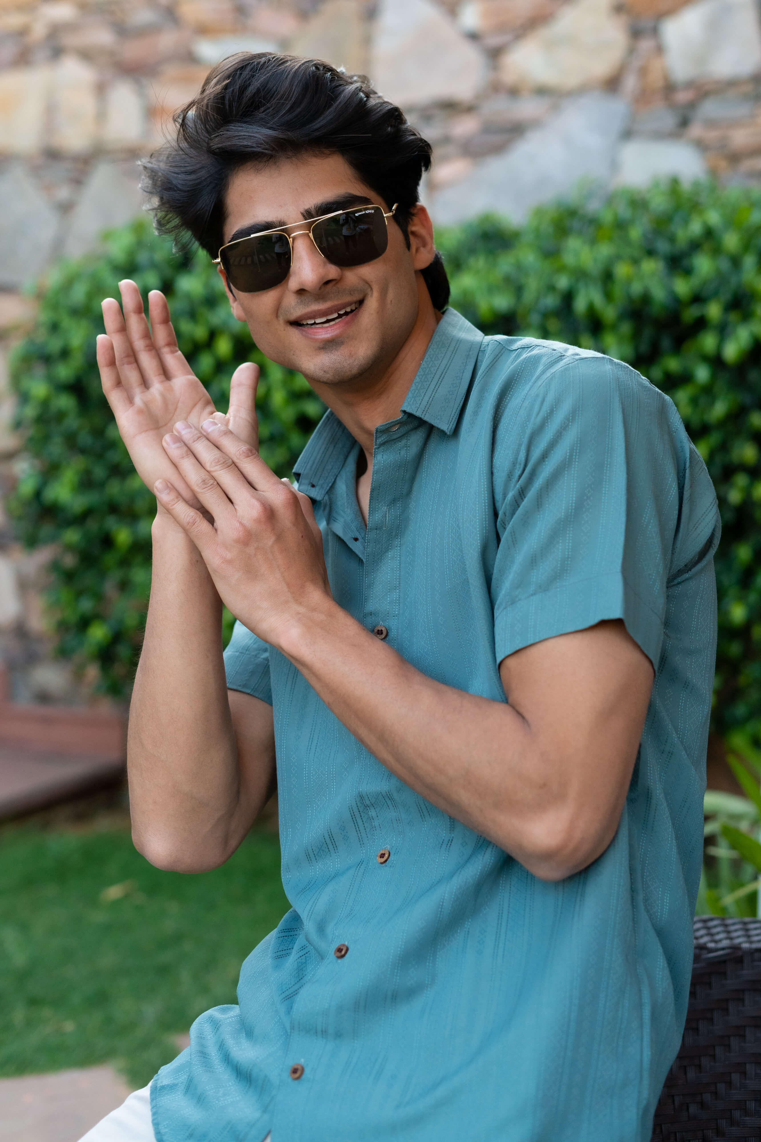 The Emerald Green Self Work Half Sleeves Shirt