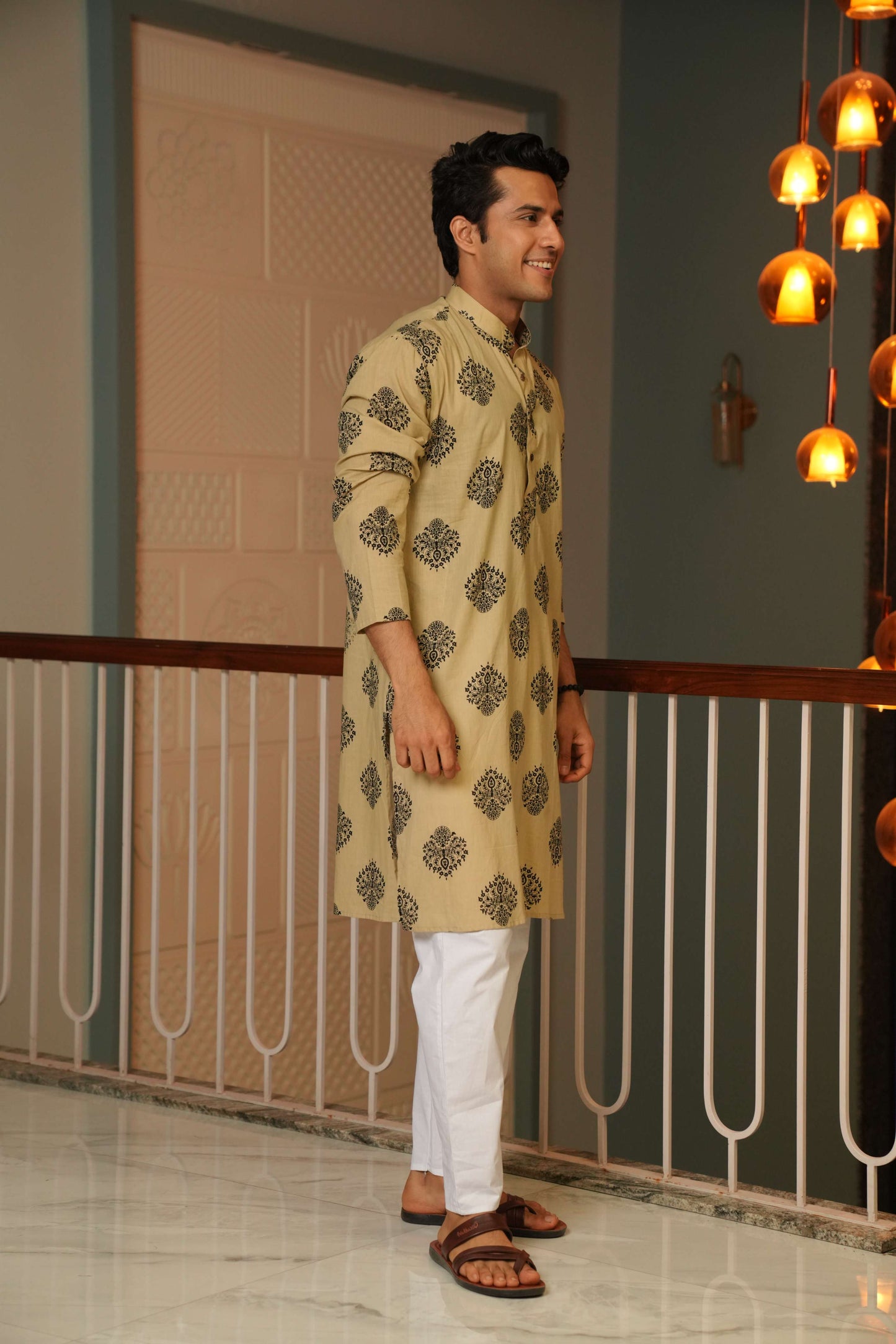 The Sandstone Color Long Kurta with Ethnic Motifs