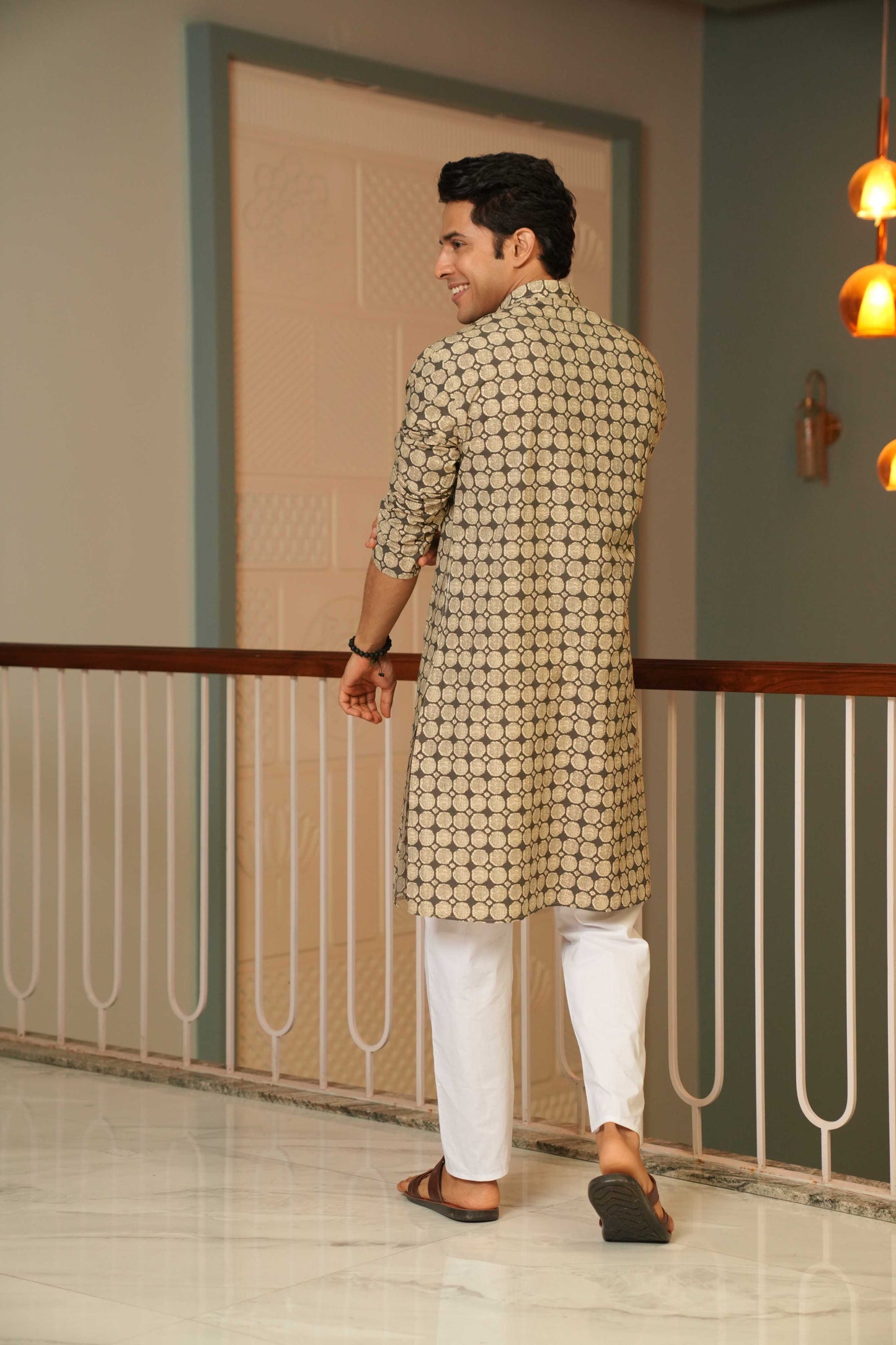 The Pebble Grey Long Kurta With Circle Pattern
