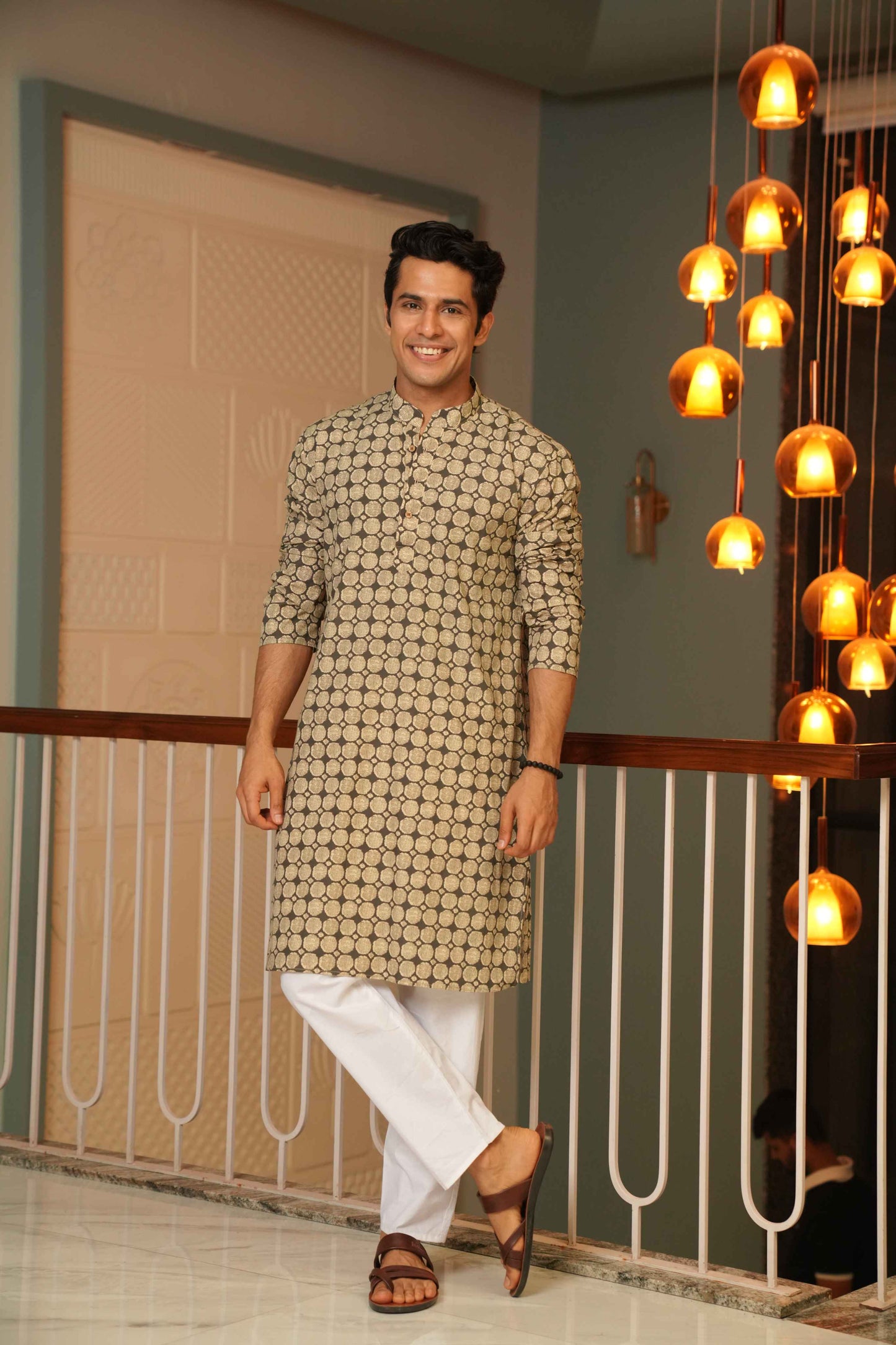 The Pebble Grey Long Kurta With Circle Pattern