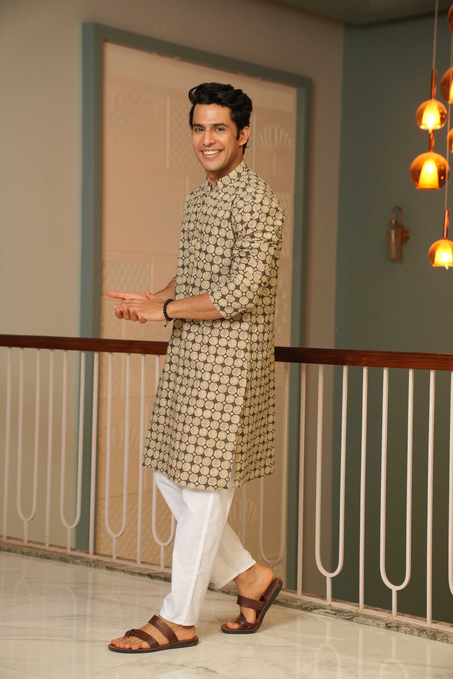 The Pebble Grey Long Kurta With Circle Pattern
