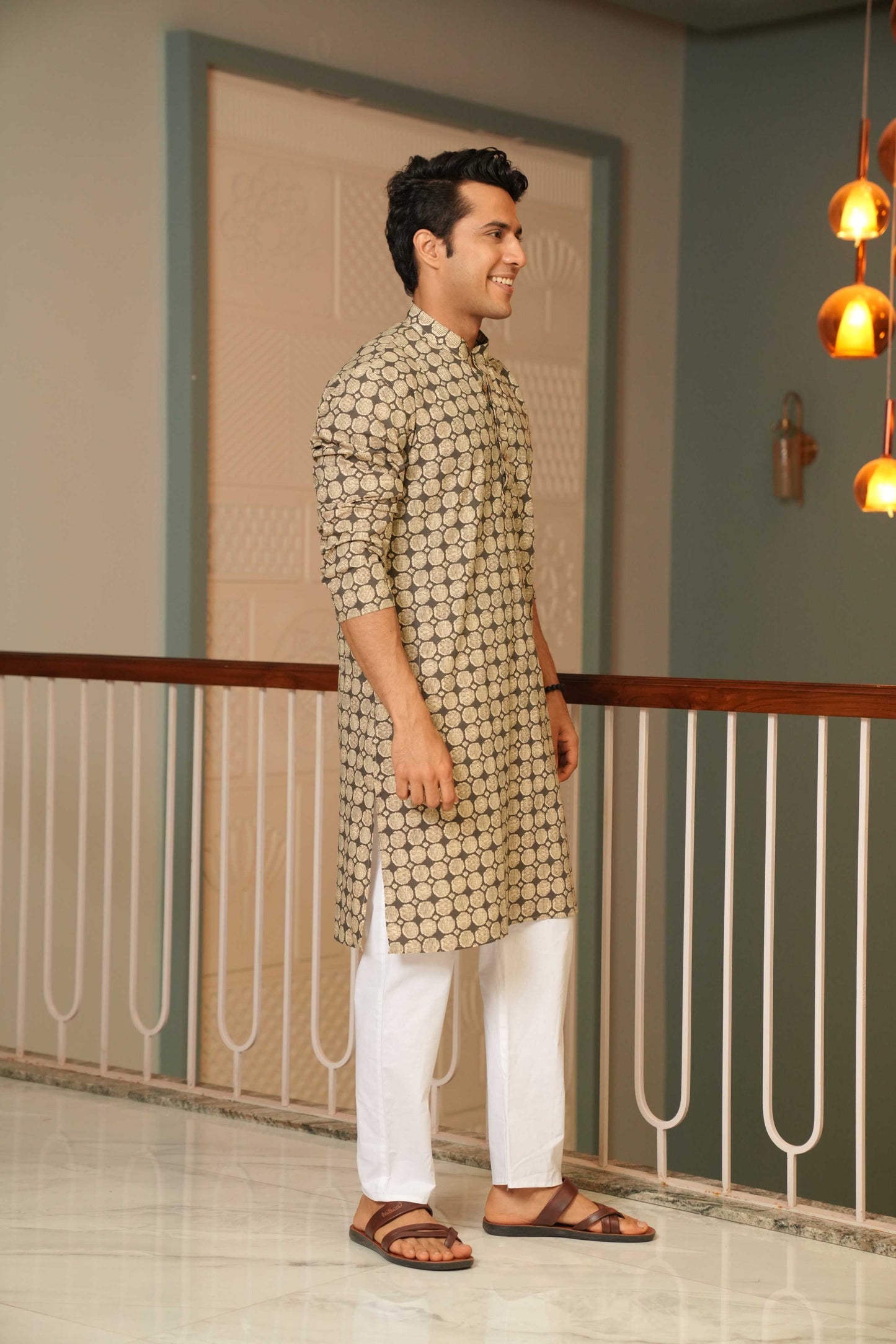 The Pebble Grey Long Kurta With Circle Pattern