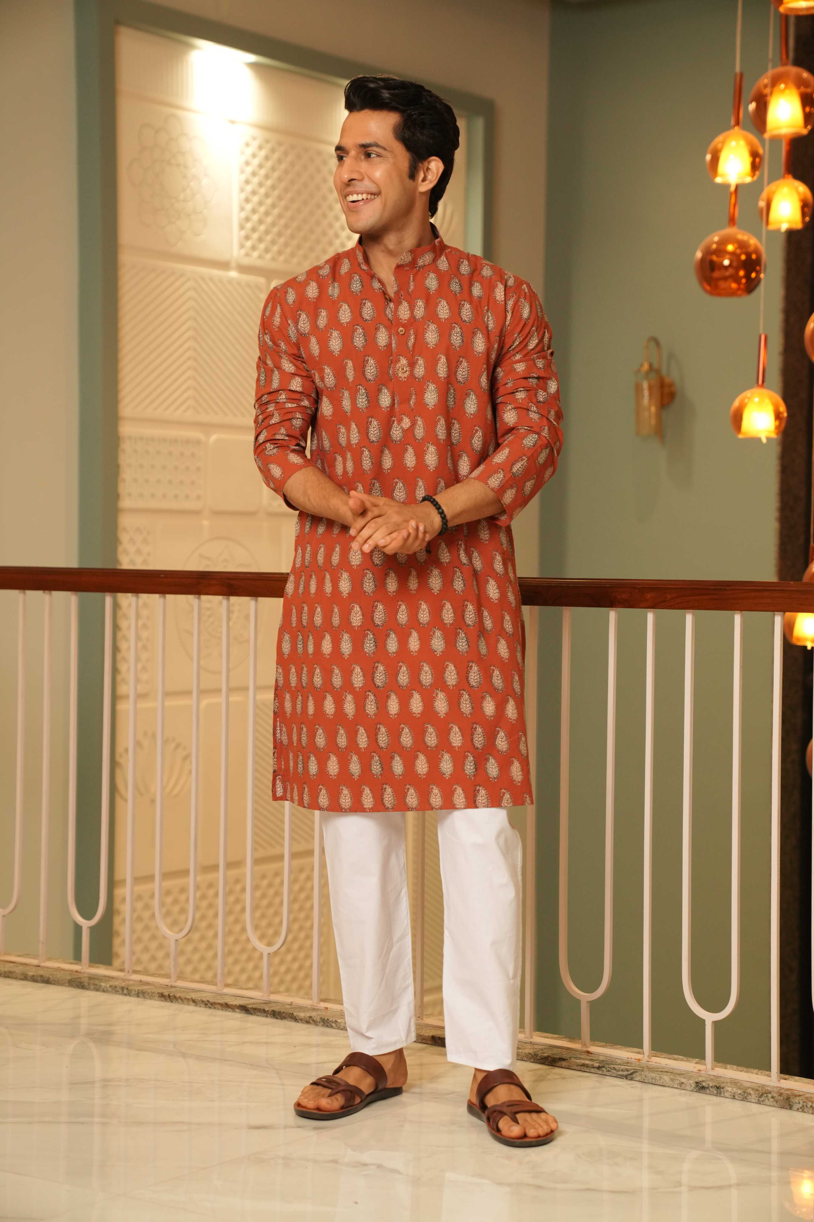 The Rust Red Long Kurta With Paisley Print