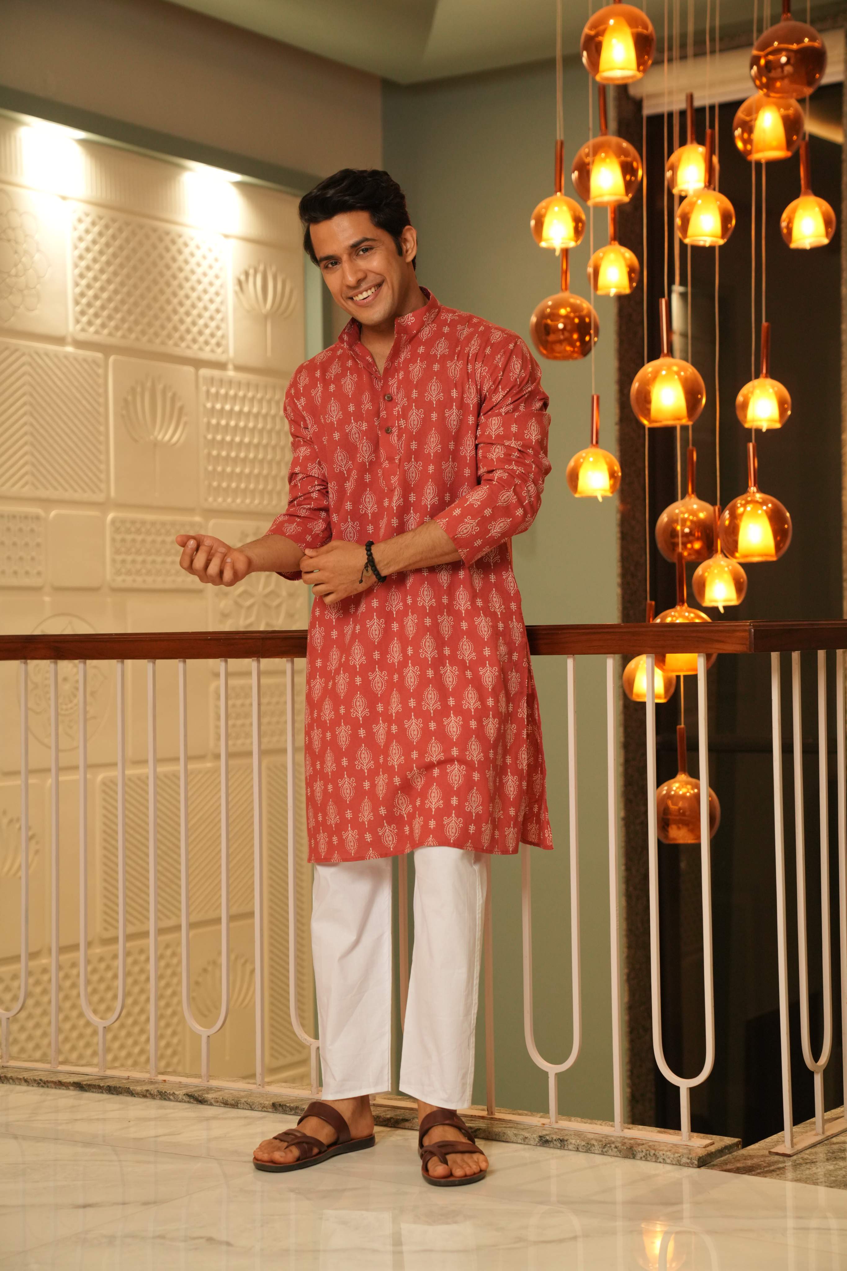 The Wooden Red Long Kurta With Indian Motifs