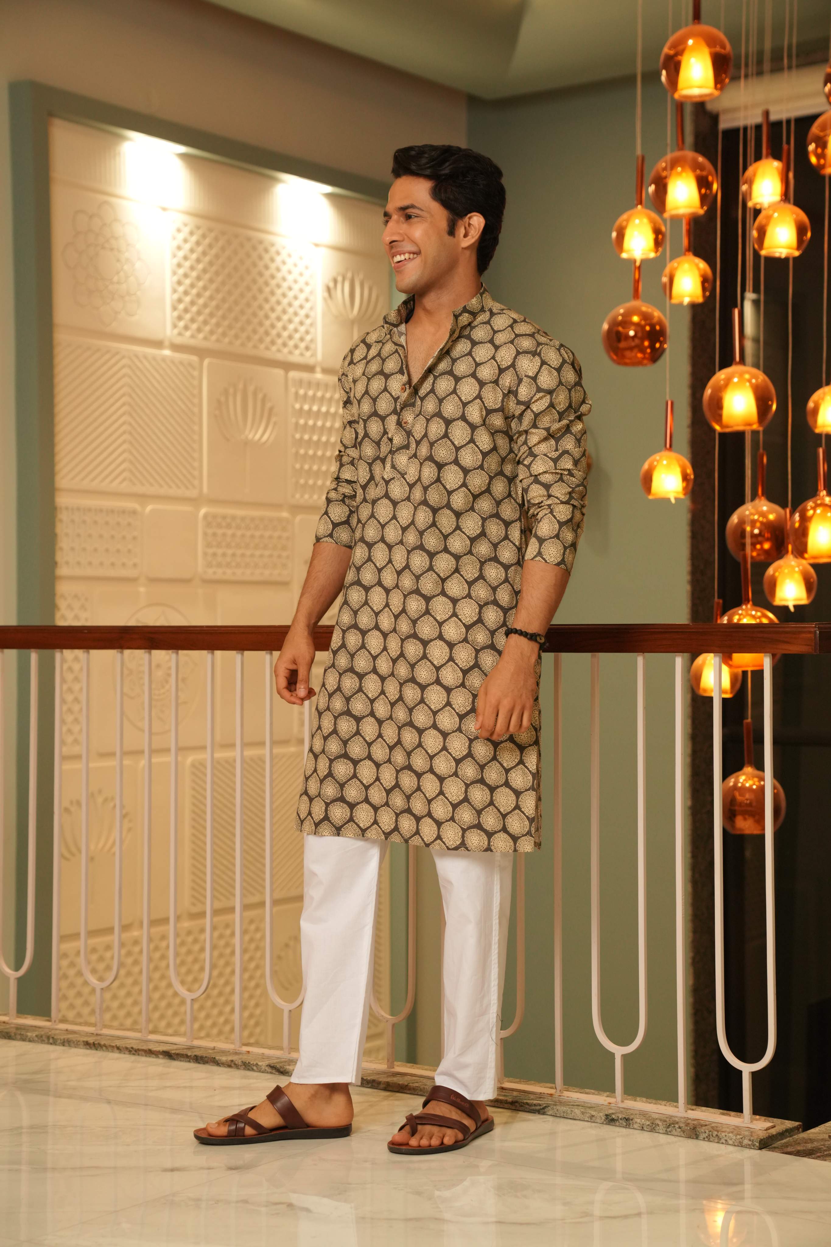 The Pebble Grey Long Kurta With Batik Print