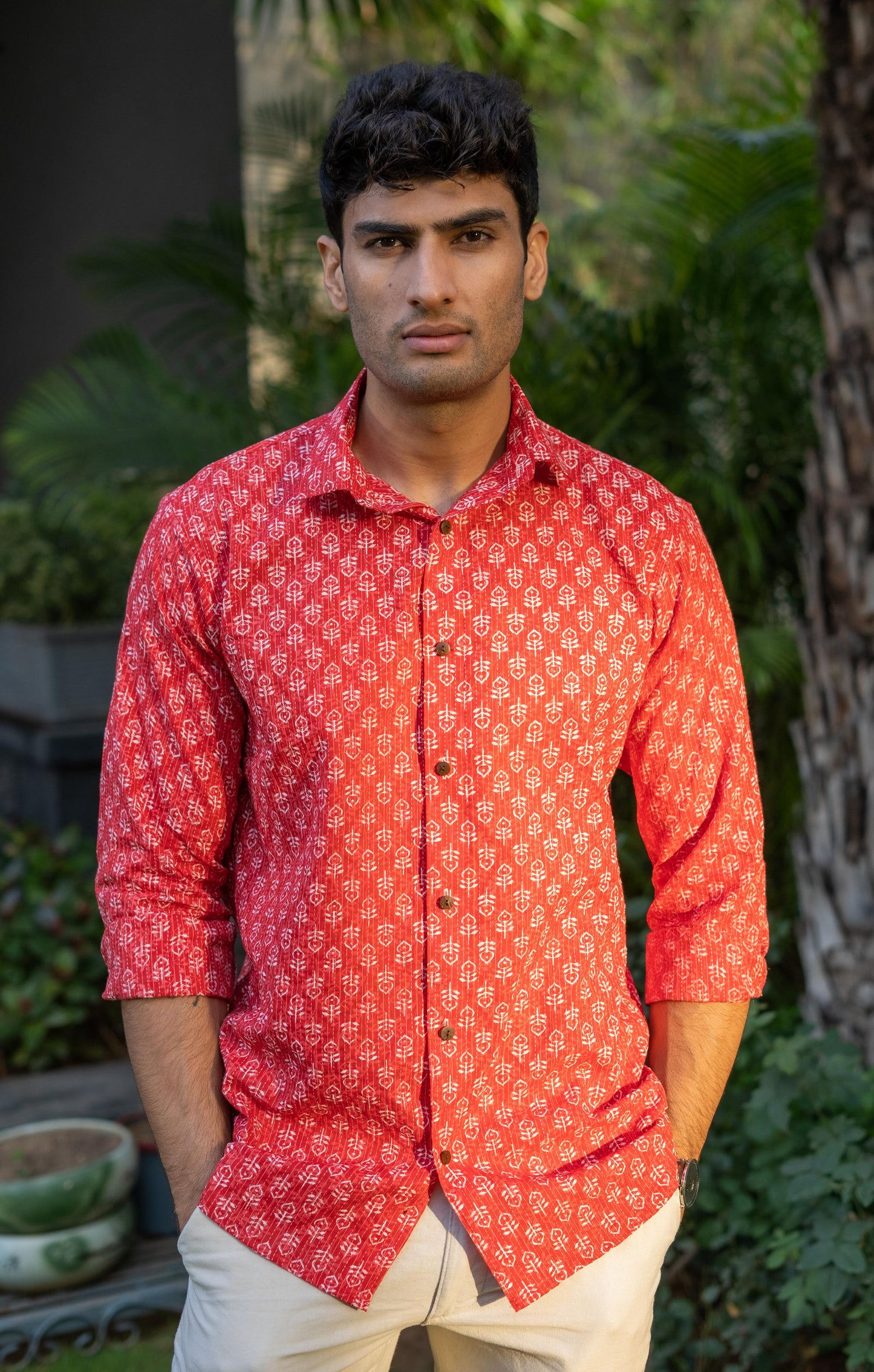 The Red Kantha Work Shirt With White Butti Print