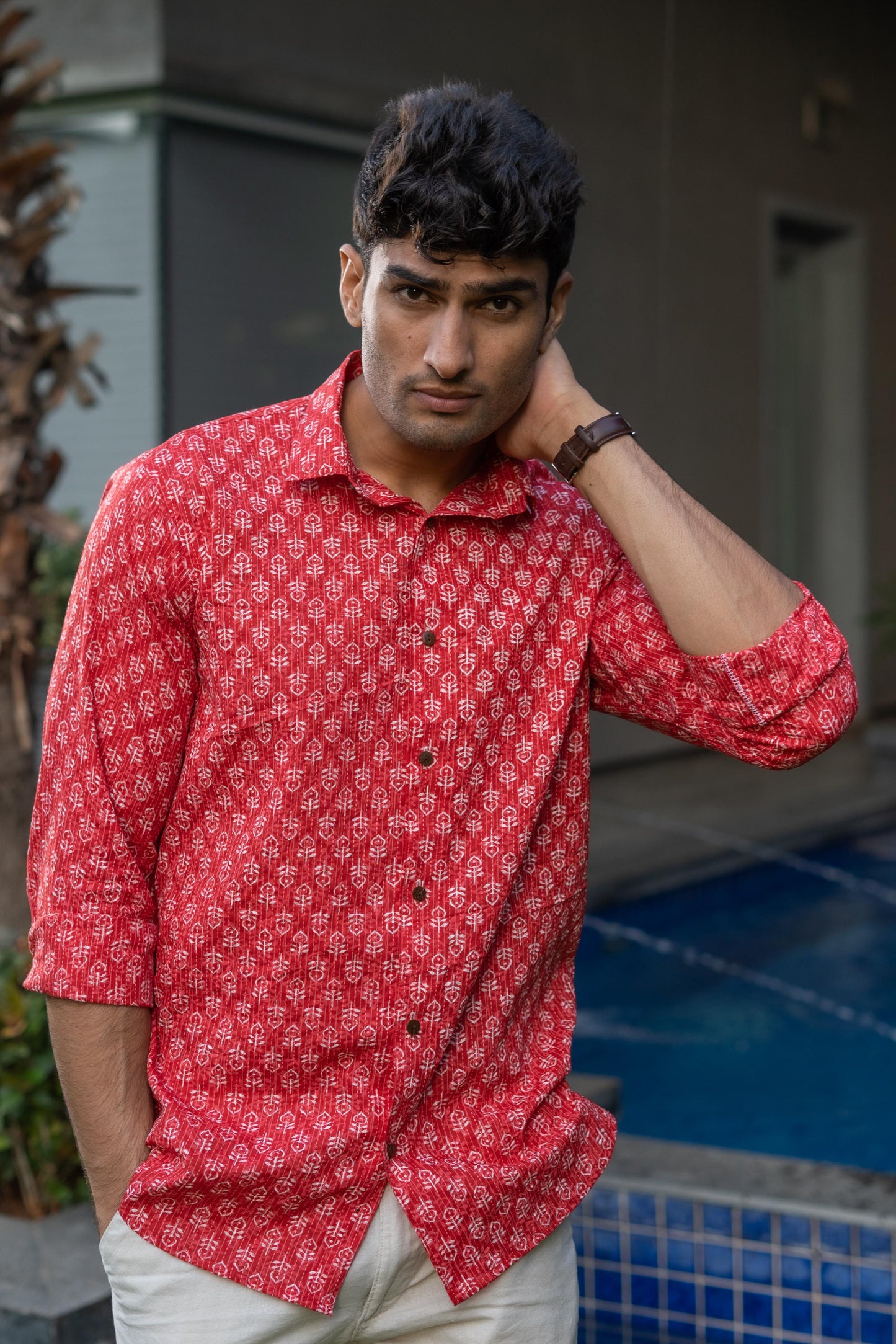 The Red Kantha Work Shirt With White Butti Print