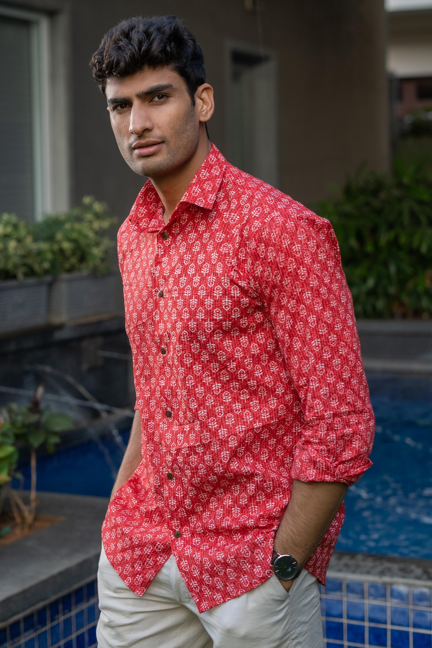 Red Kantha Work Shirt for Men