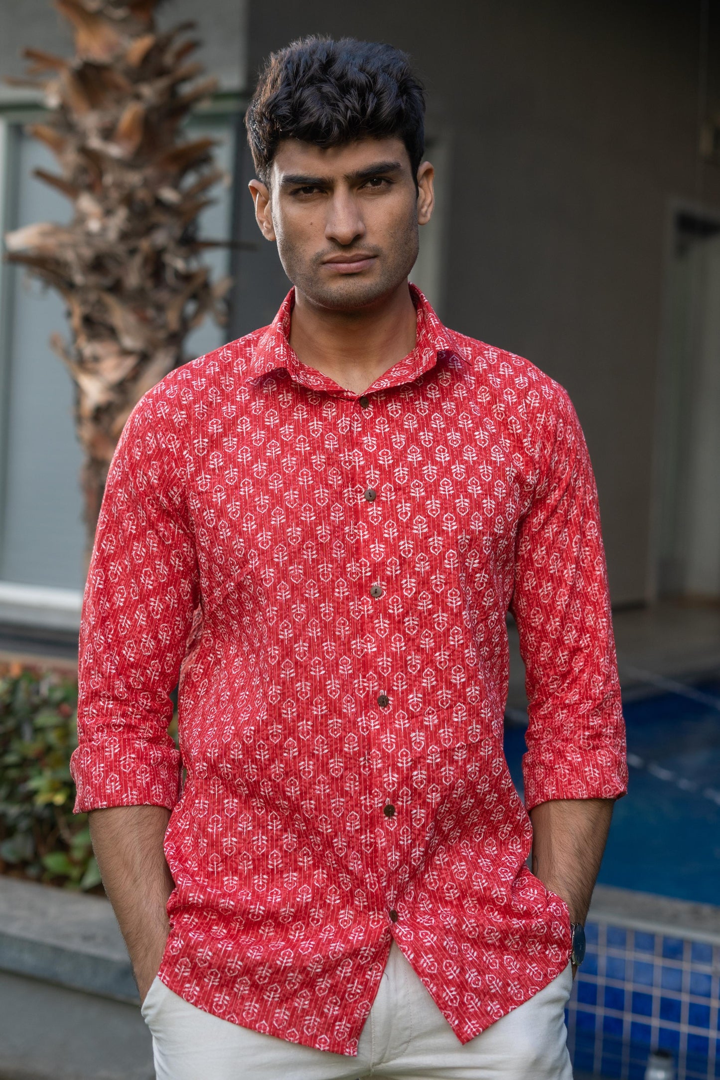 The Red Kantha Work Shirt With White Butti Print