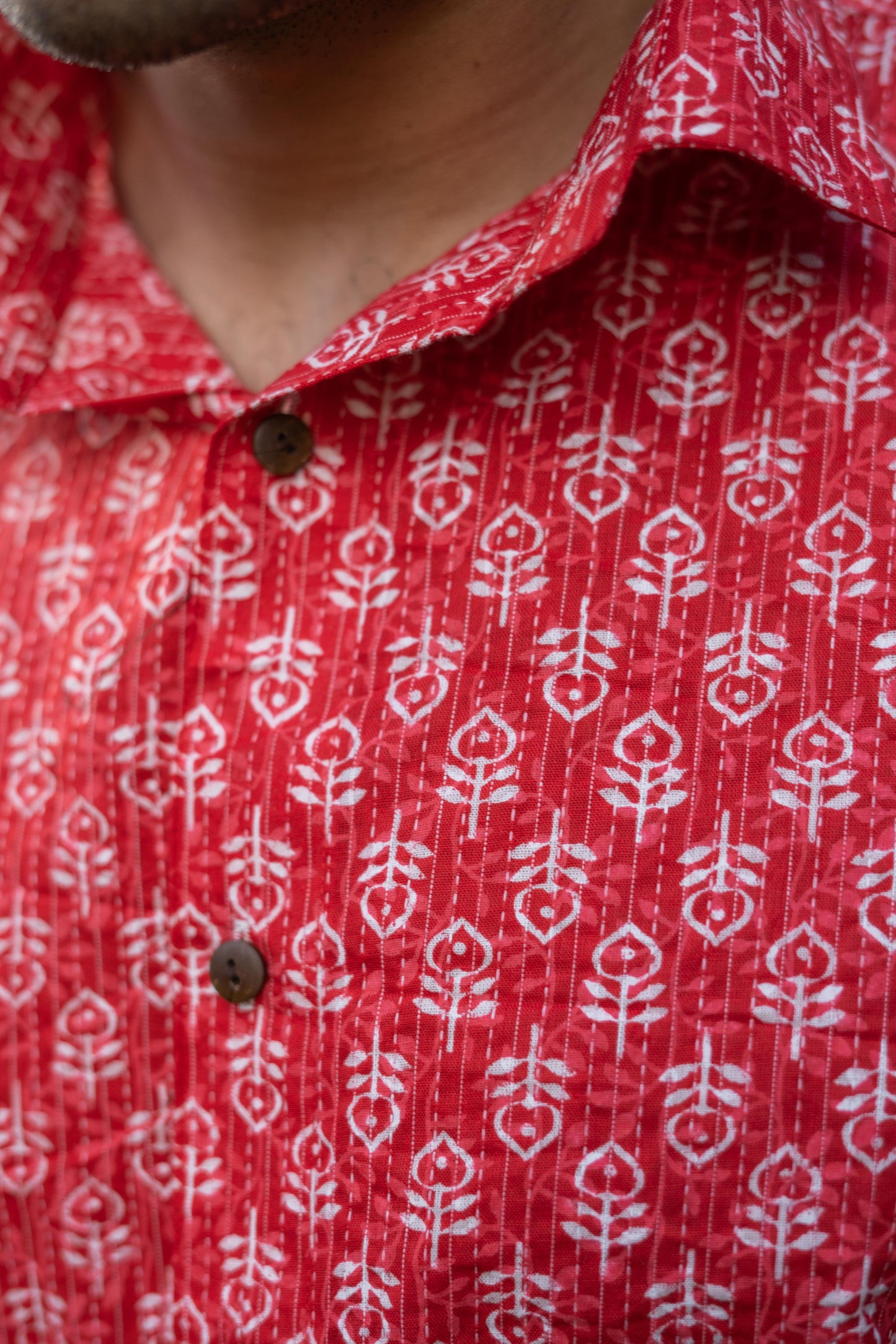 Indian Man Wearing Red Kantha work Shirt