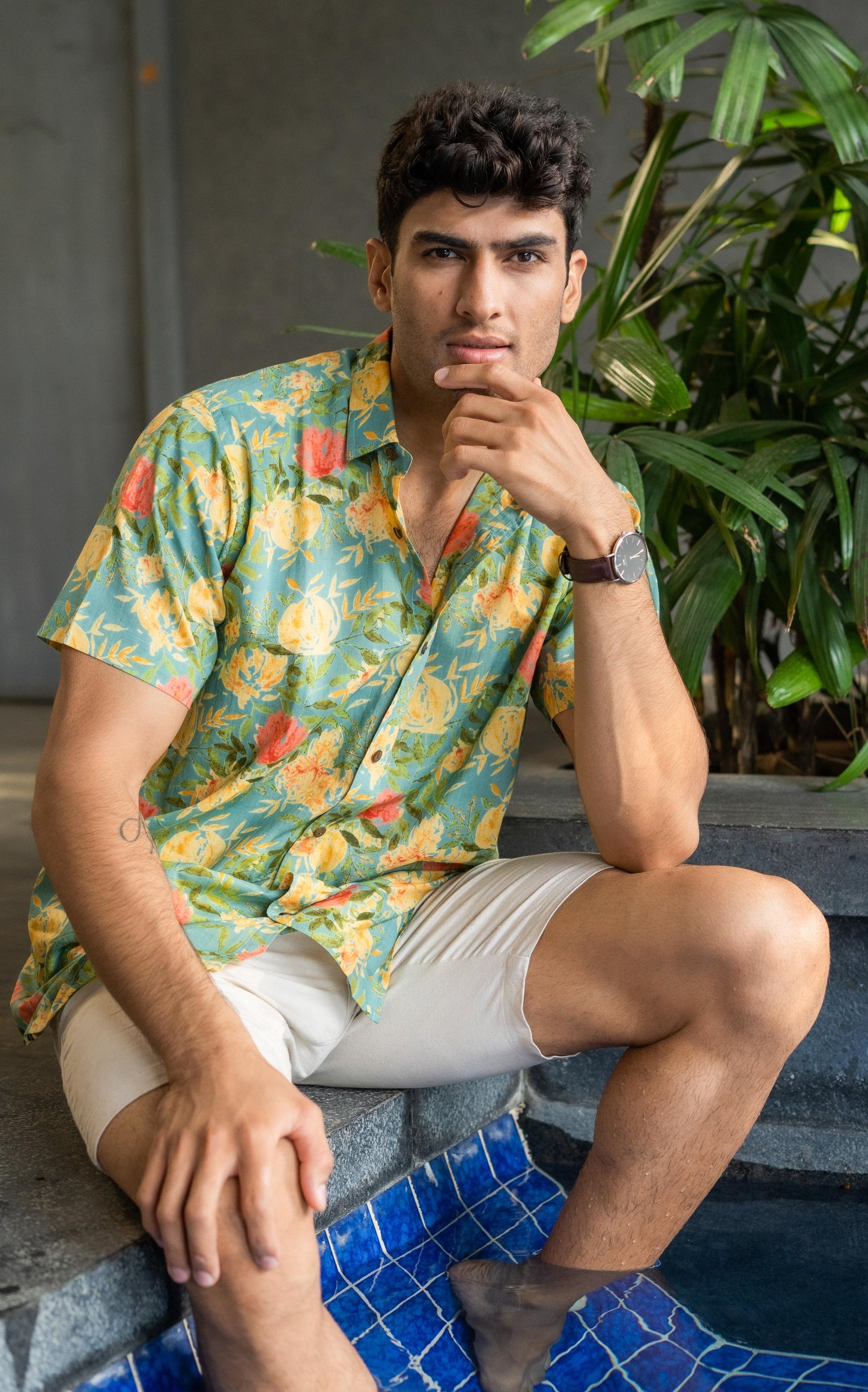 The Funky Green And Yellow Shirt With All-Over Floral Print (Half Sleeves)