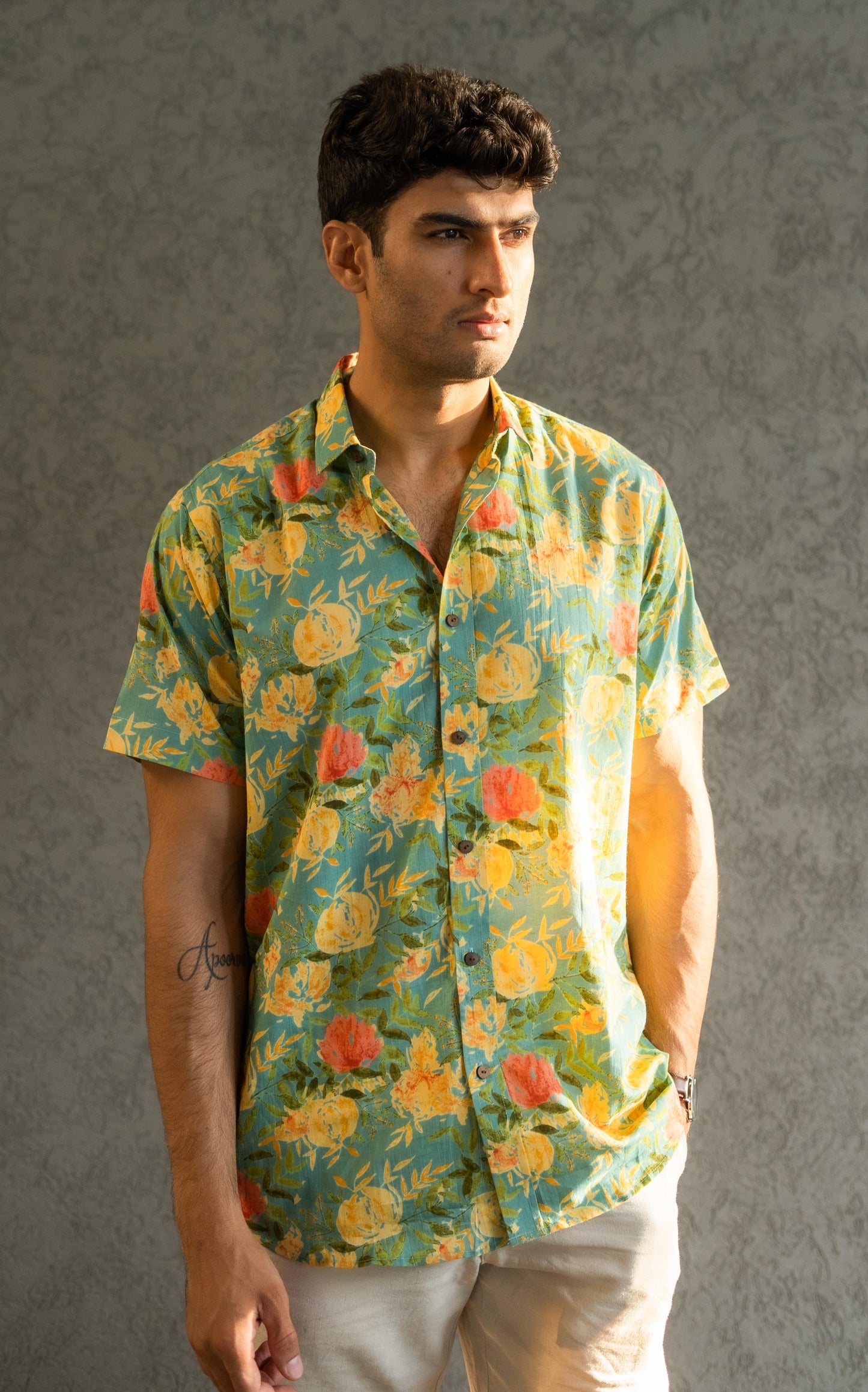 The Funky Green And Yellow Shirt With All-Over Floral Print (Half Sleeves)