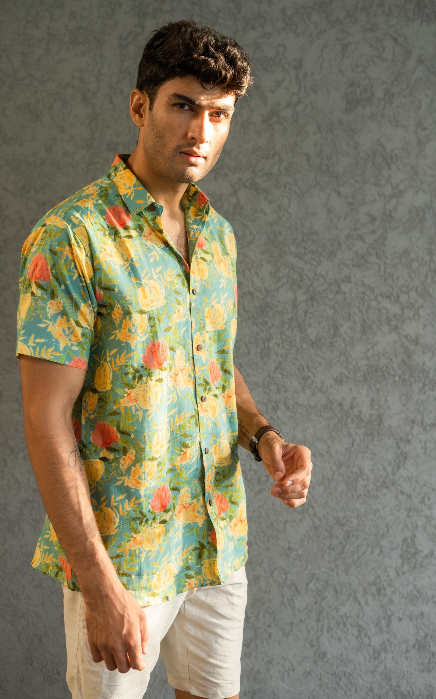The Funky Green And Yellow Shirt With All-Over Floral Print (Half Sleeves)
