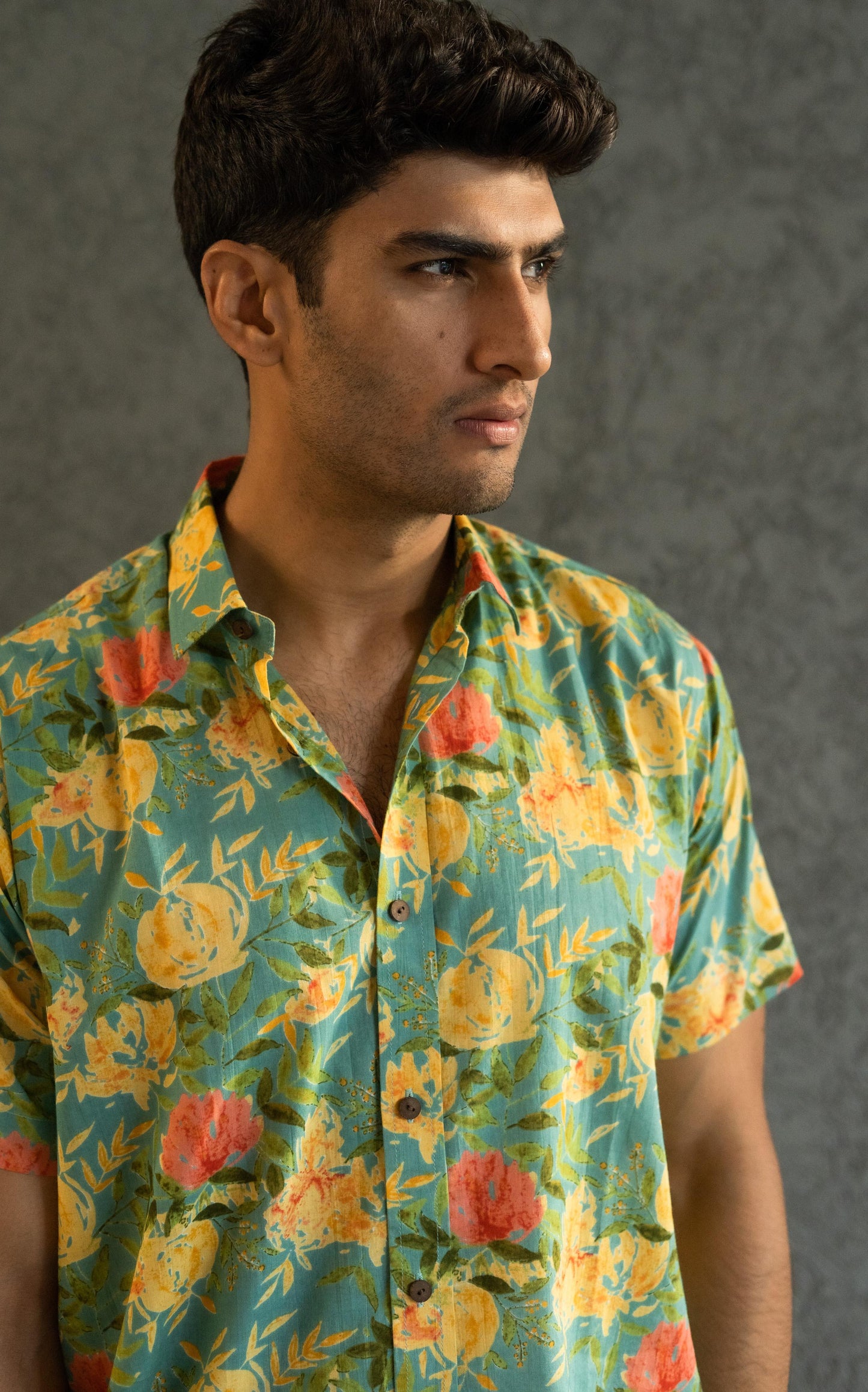 The Funky Green And Yellow Shirt With All-Over Floral Print (Half Sleeves)