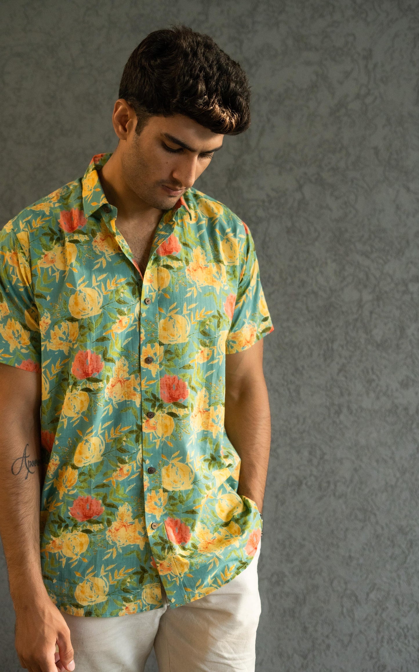 The Funky Green And Yellow Shirt With All-Over Floral Print (Half Sleeves)
