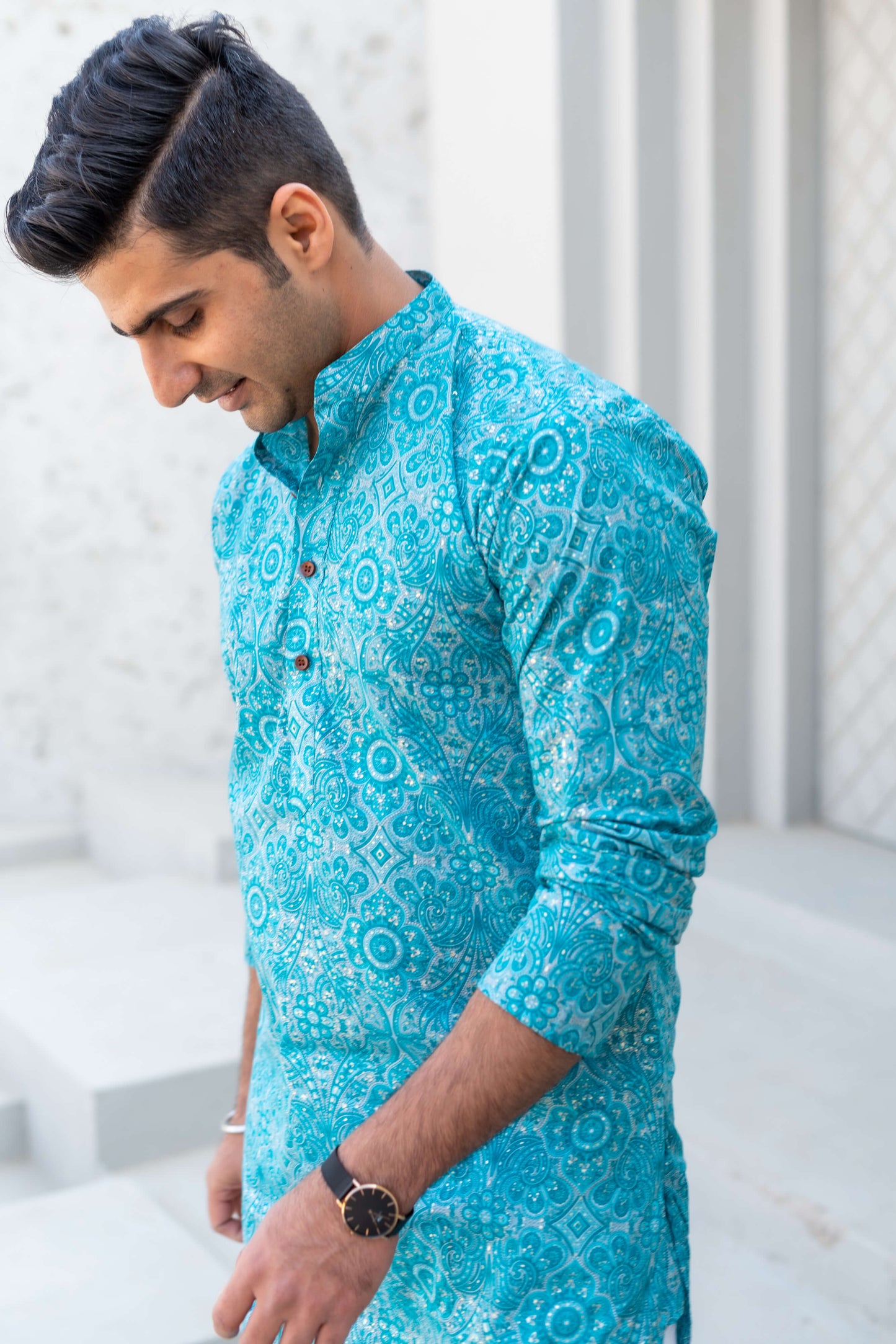 The Bright Turquoise Long Kurta With All-Over Floral Foil Print