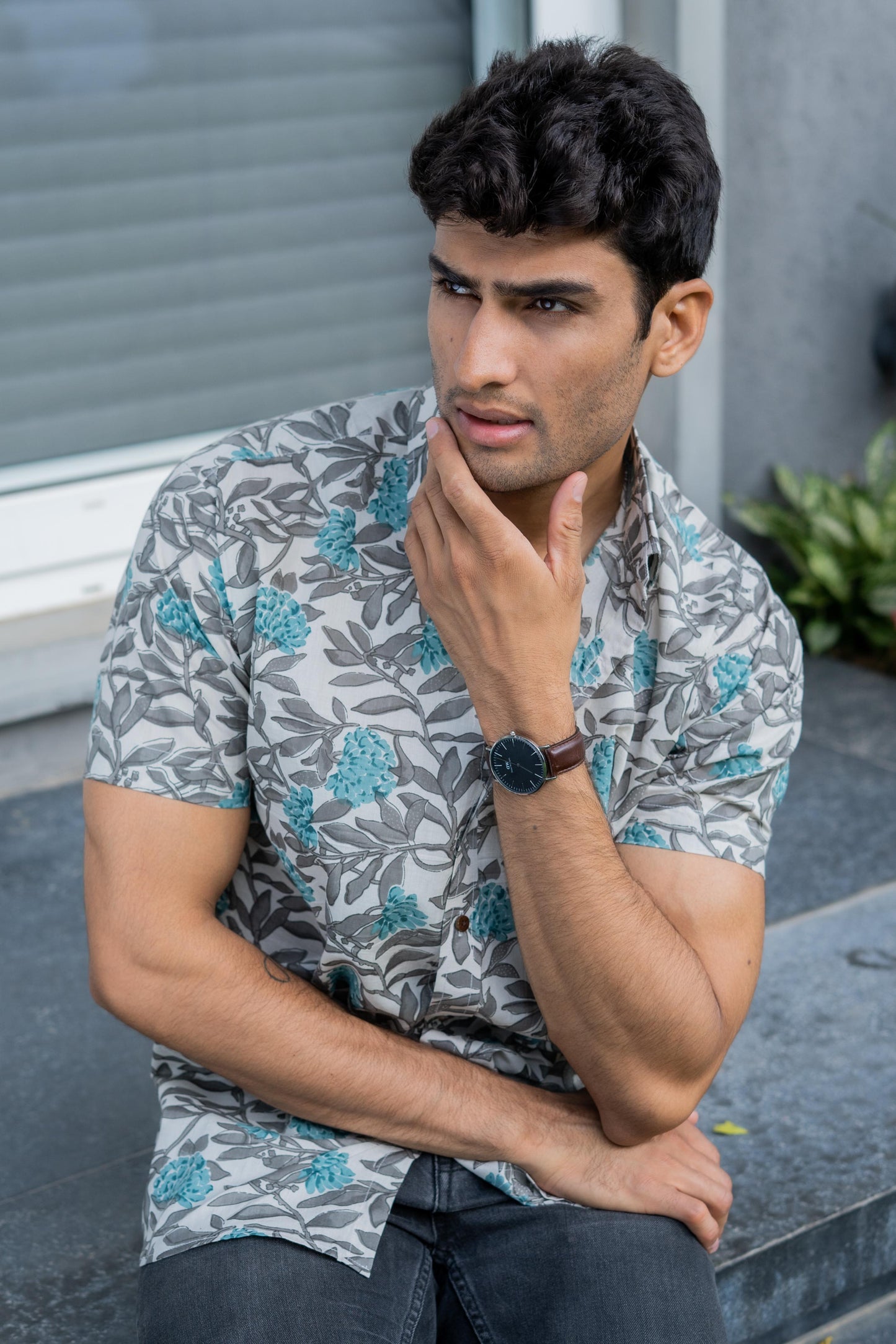 The Off-White Shirt With Grey And Turquoise Floral Print (Half Sleeves)
