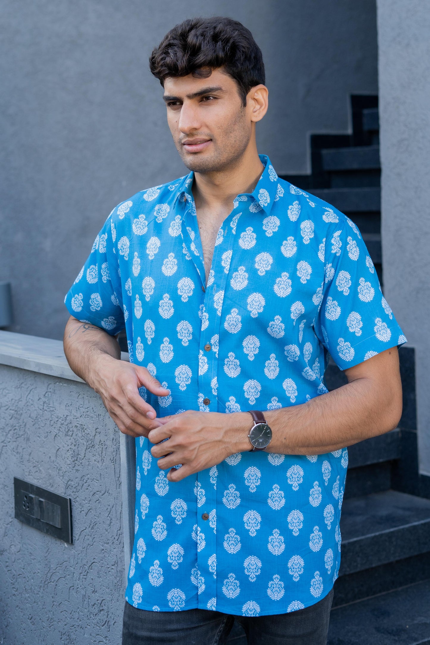 The Sky Blue Shirt With White Flower Print (Half Sleeves)