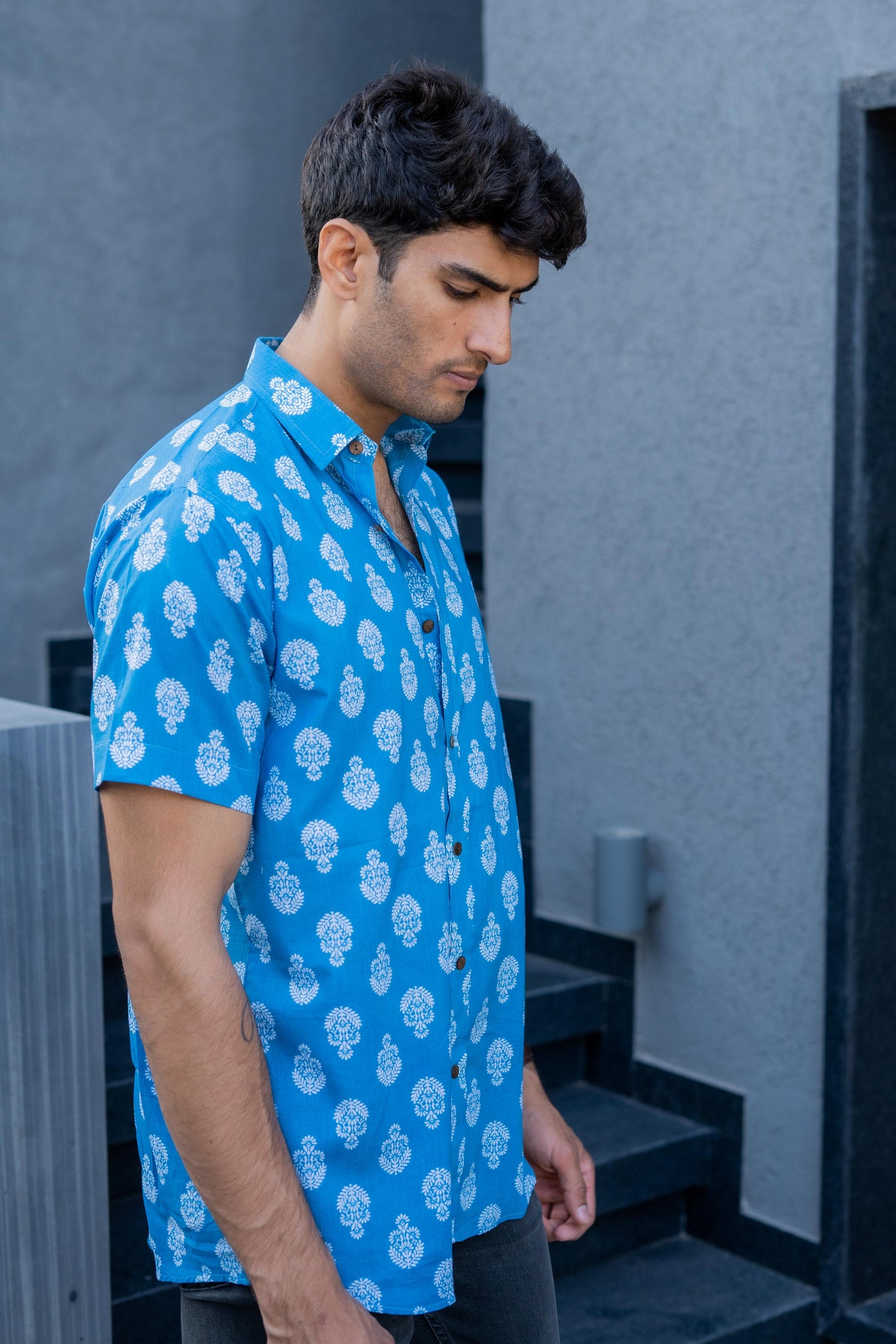 The Sky Blue Shirt With White Flower Print (Half Sleeves)