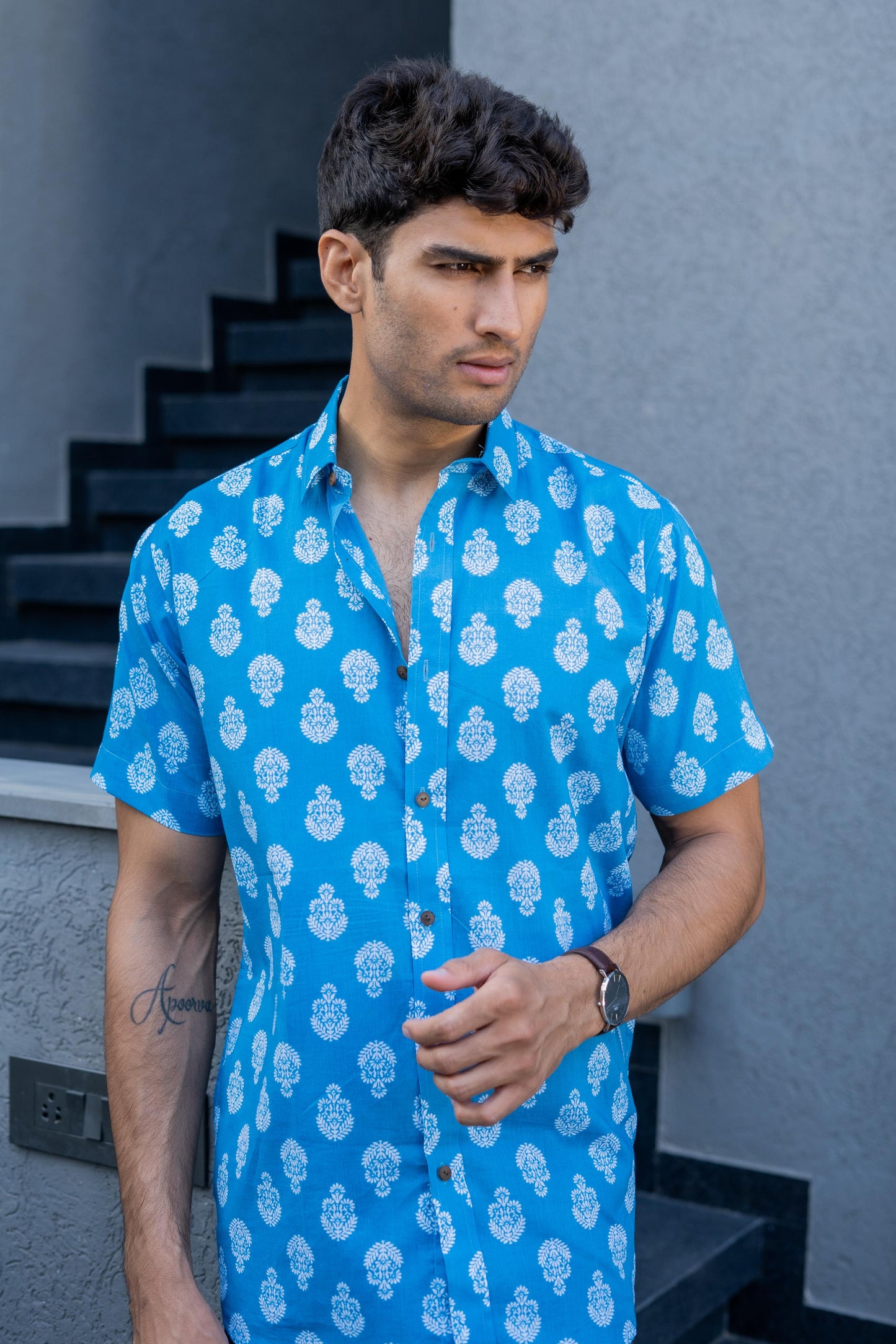 The Sky Blue Shirt With White Flower Print (Half Sleeves)