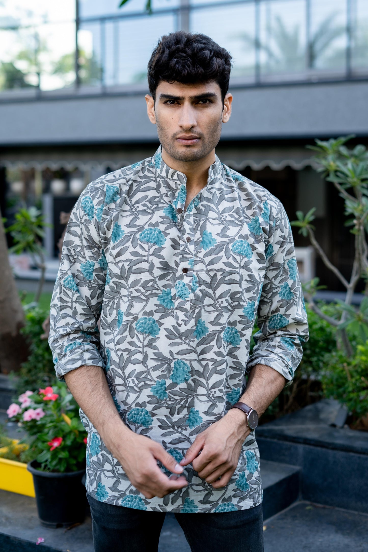 The Off-White All-Over Floral Print Short Kurta With Turquoise Flowers