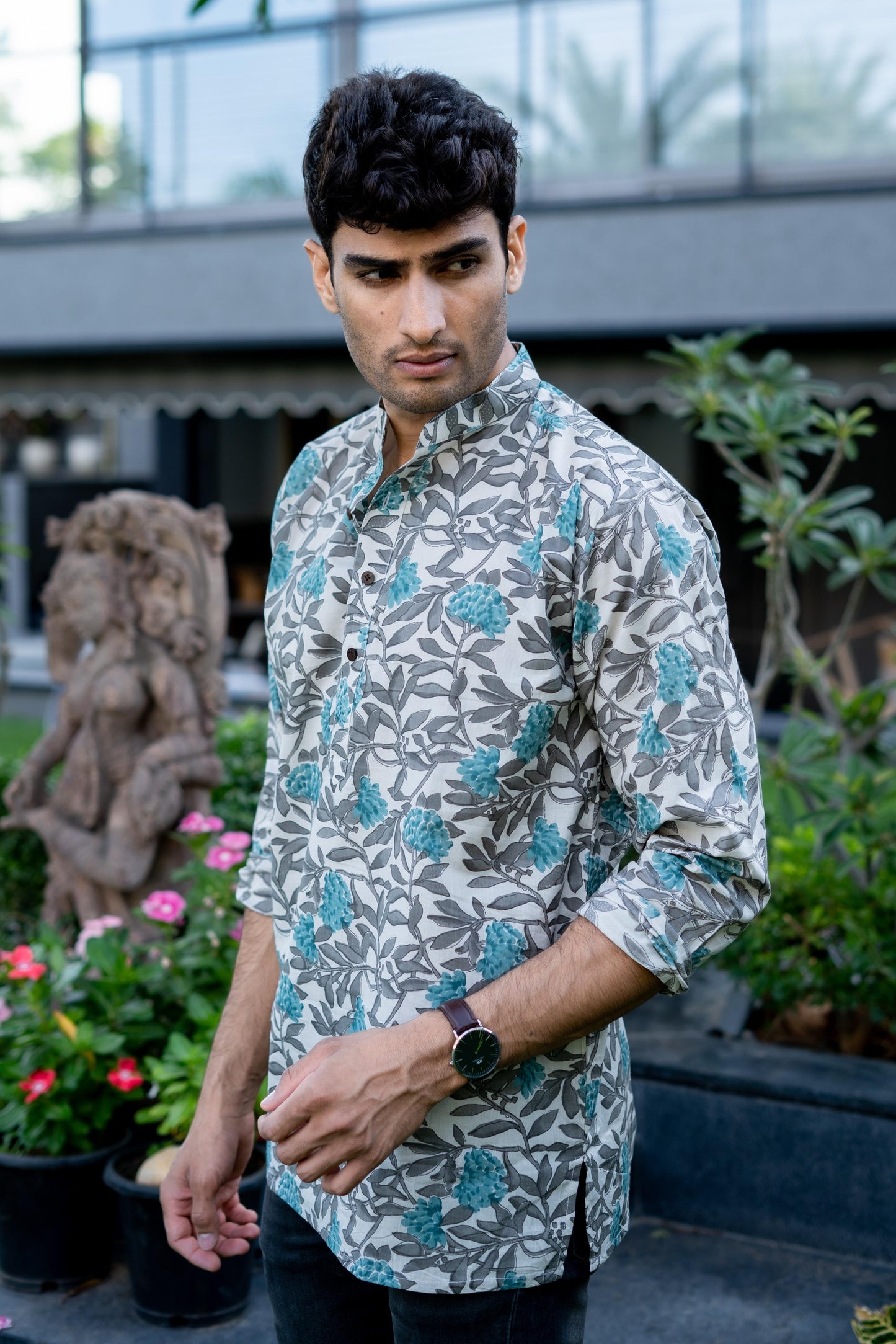 The Off-White All-Over Floral Print Short Kurta With Turquoise Flowers