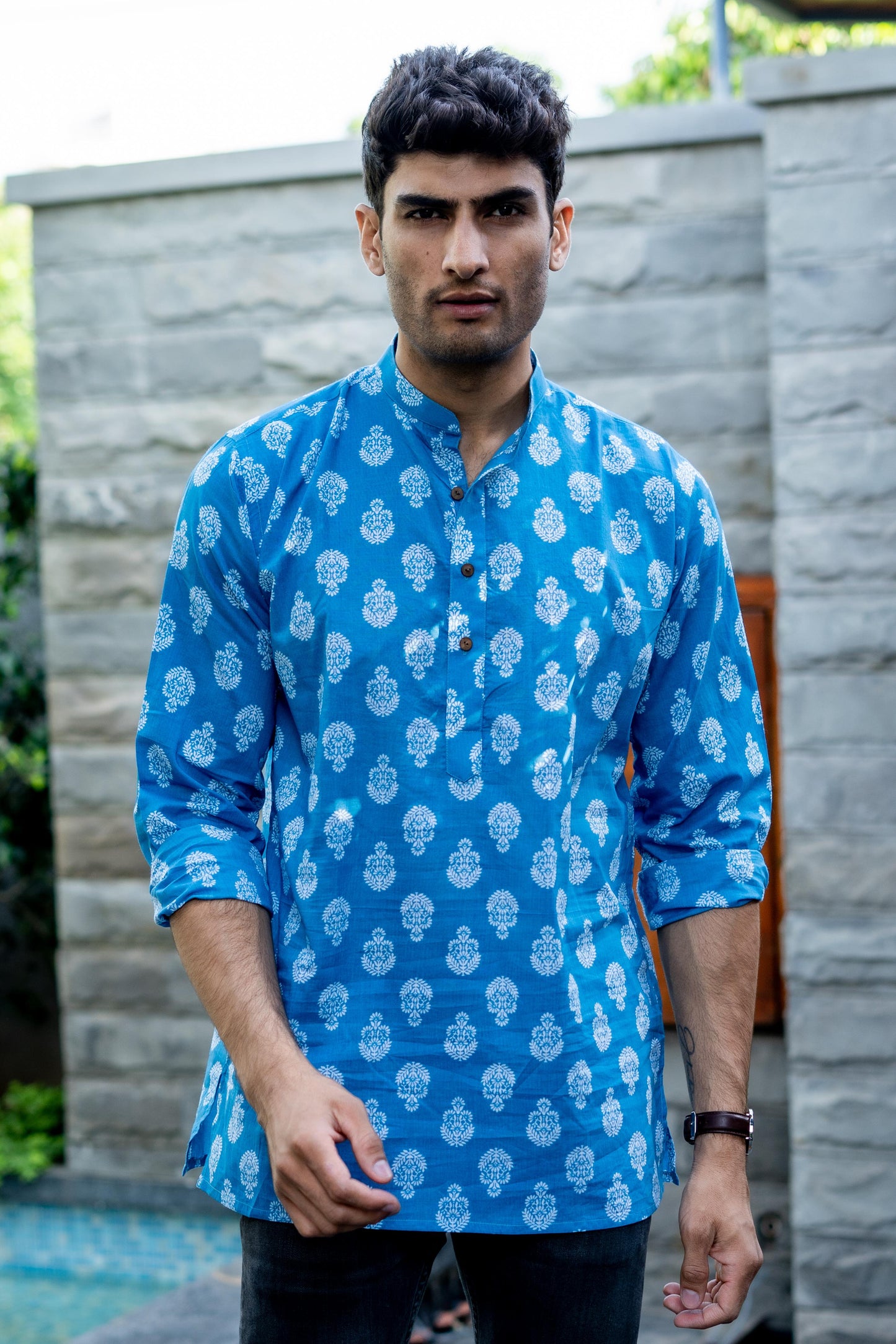 The Sky Blue Short Kurta With White Flower Print