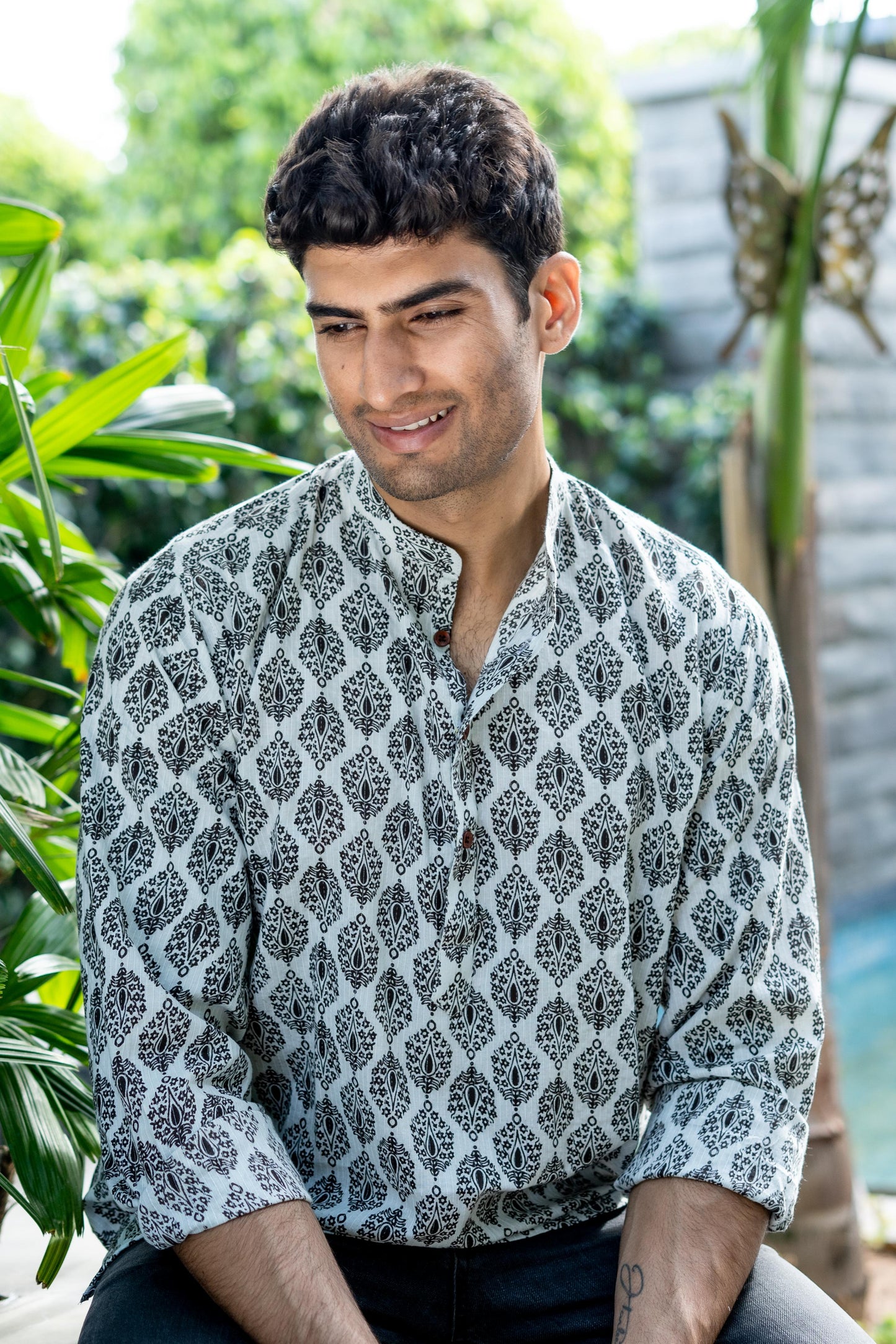 The White Kantha Work Floral-Geometric Print Short Kurta