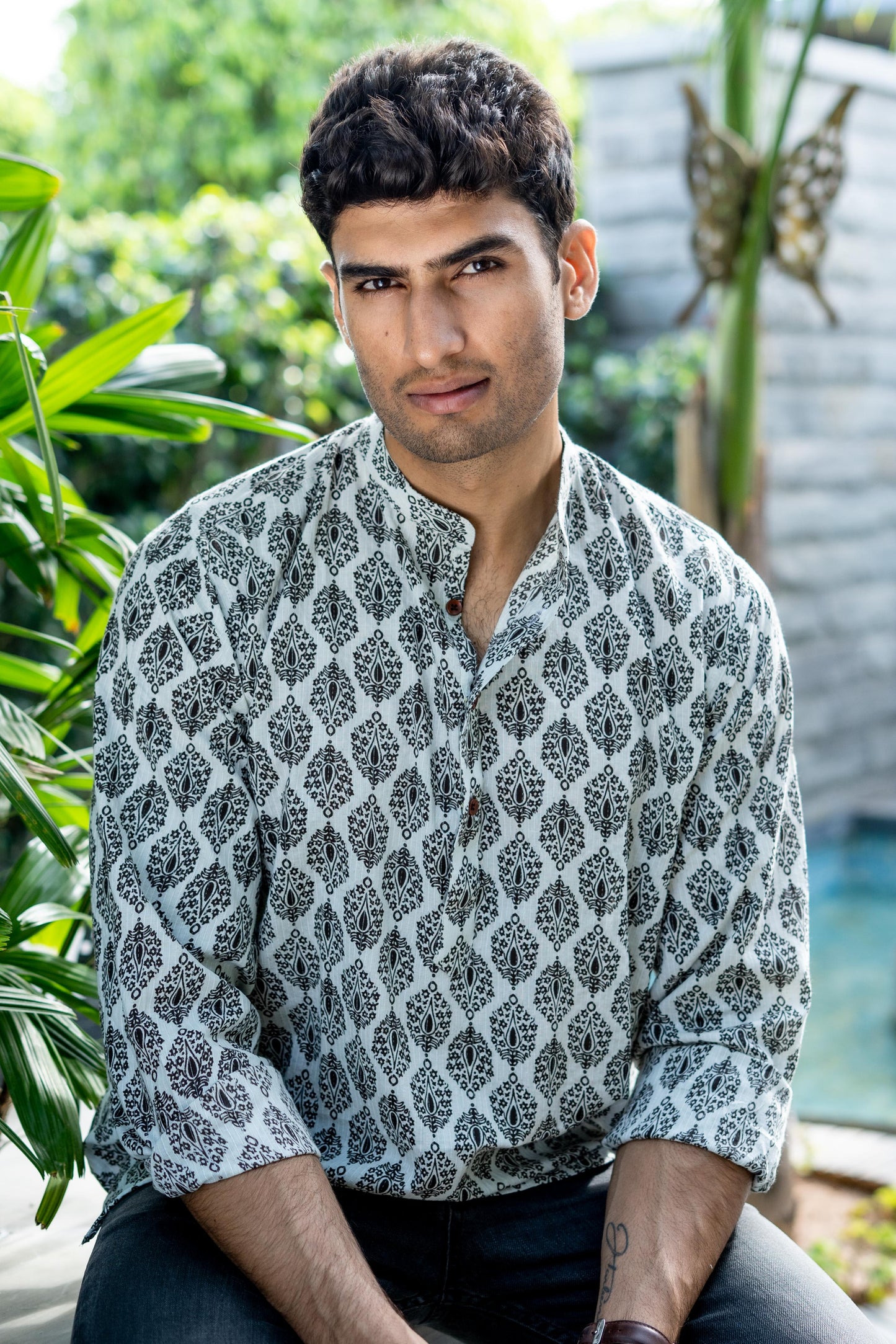 The White Kantha Work Floral-Geometric Print Short Kurta